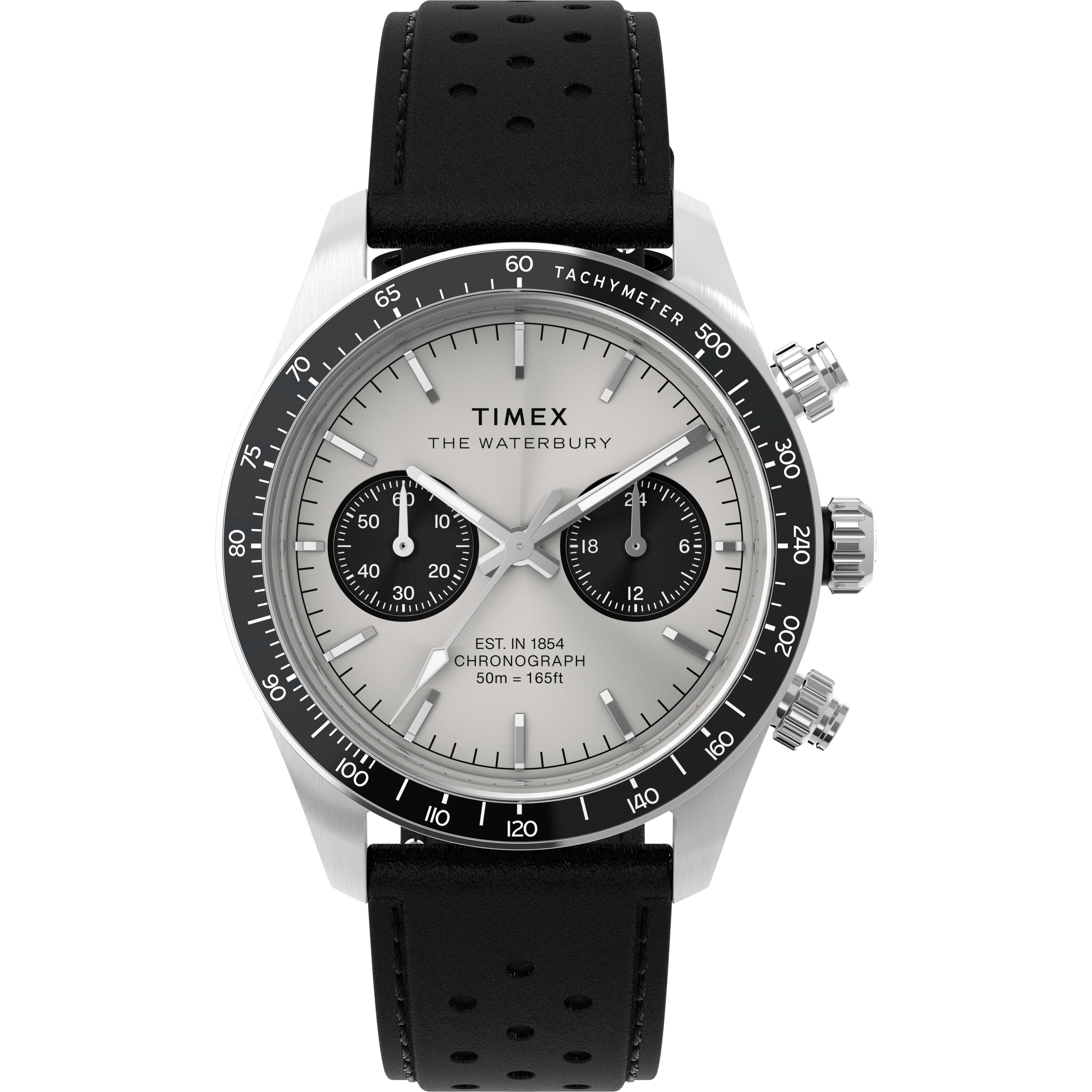The Timex Waterbury Heritage Chronograph features a silver dial, black tachymeter bezel, black subdials, silver hour markers, and a black perforated leather strap. Water resistant to 50m (165ft).