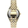 A gold-tone Timex x Jacquie Aiche wristwatch shown from the back, featuring a linked metal band and engraved Timex clasp. The polished case and silver case back complete this elegant Timex timepiece.