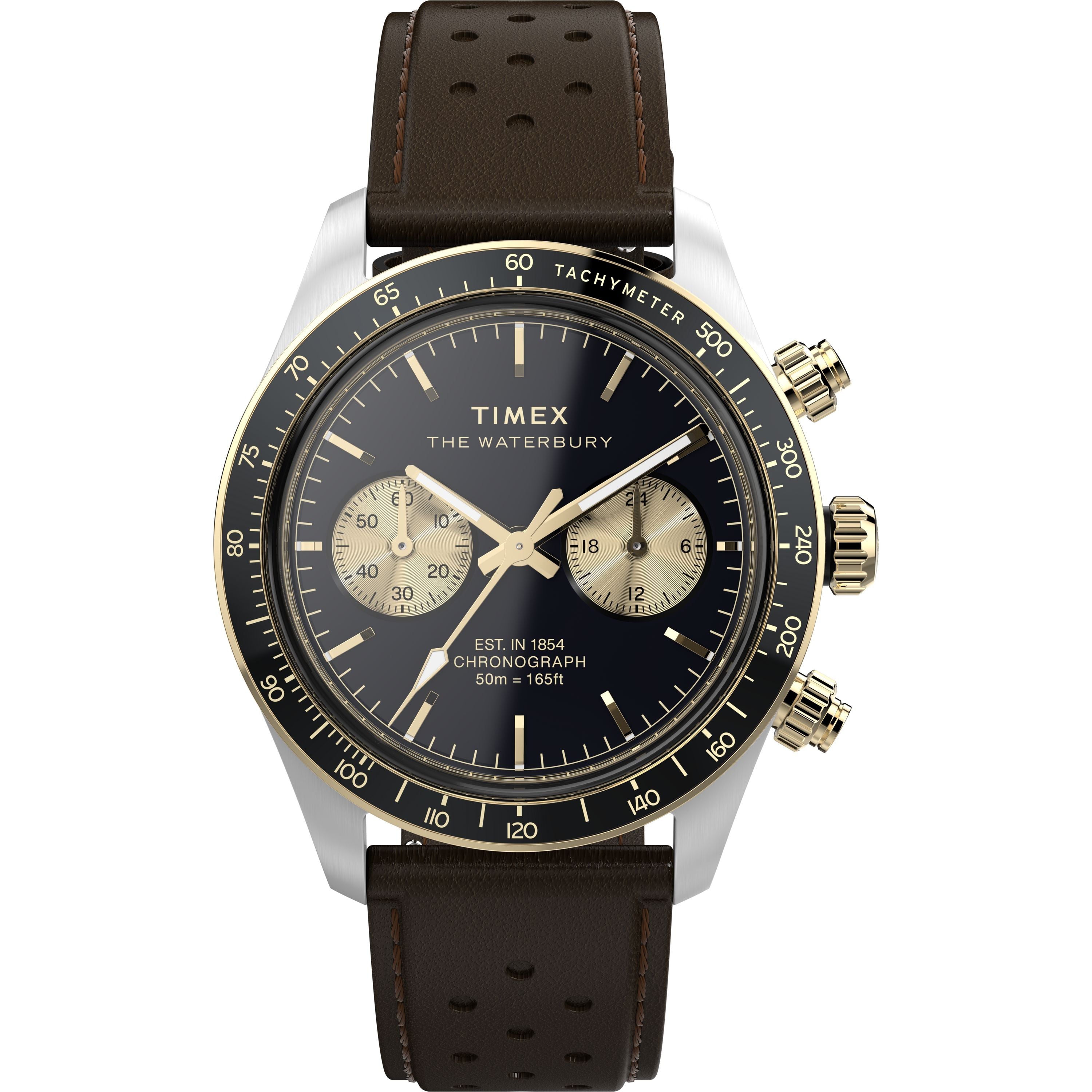 The Timex Waterbury Heritage Chronograph features a black dial with gold accents, two subdials, a tachymeter bezel, stainless-steel case, brown perforated leather strap, and two gold push buttons on the right side.