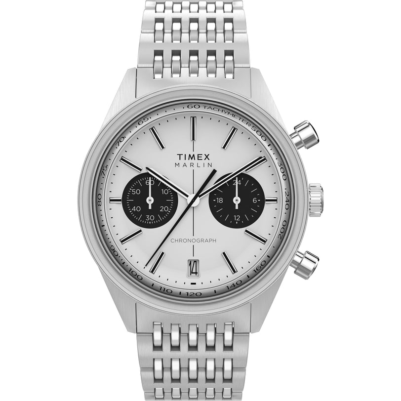 The Timex Marlin® Jet Quartz Chronograph features a stainless steel case, white dial with two black subdials, date at 6 o’clock, three hands, two pushers, Hesalite domed crystal, and a metal link bracelet.