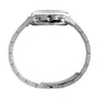 Side view of the Timex Marlin® Jet Quartz Chronograph, a silver retro-futuristic watch with round face, visible crown, two right pushers, closed bracelet clasp, all under a Hesalite domed crystal.