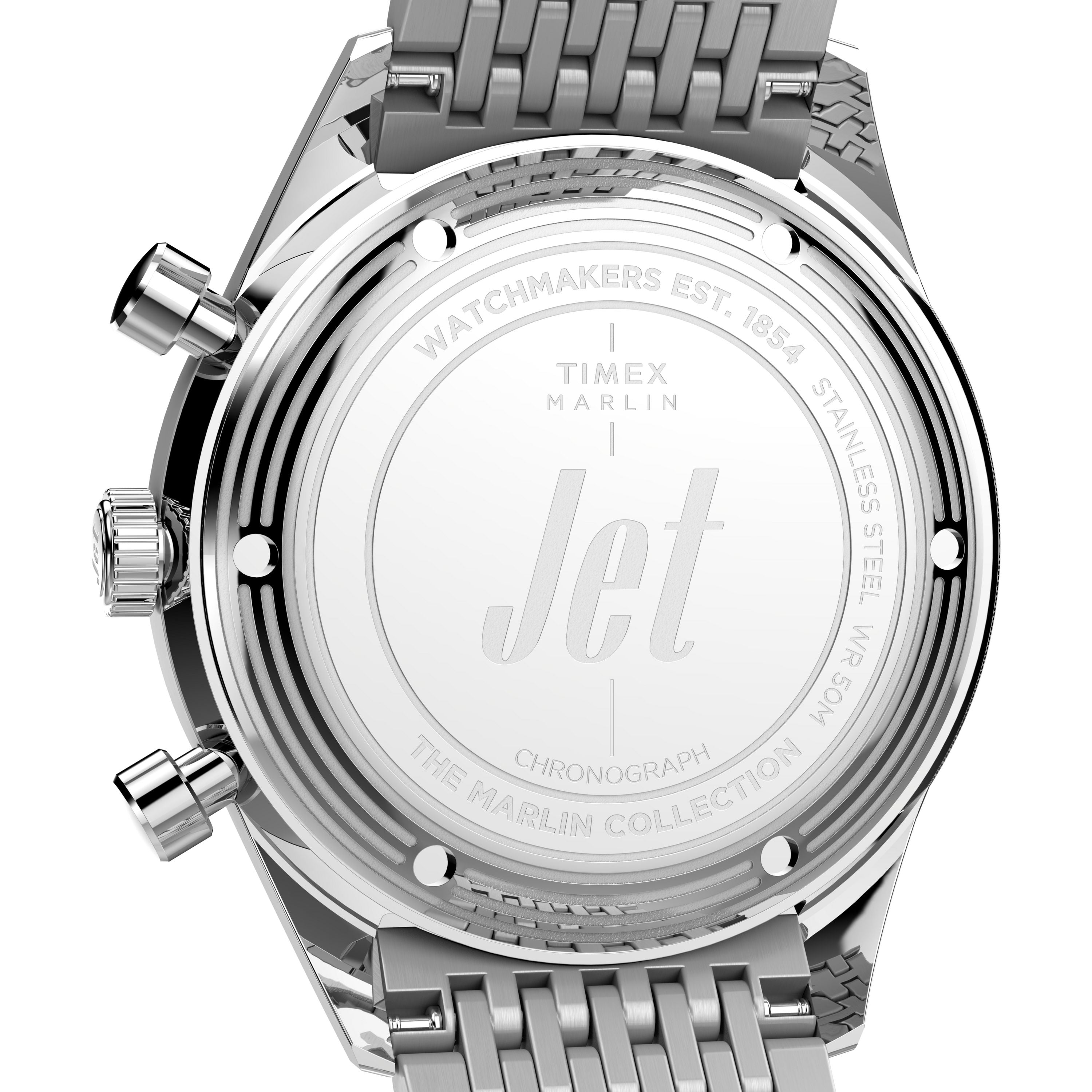 Close-up of the back of a Timex Marlin® Jet Quartz Chronograph, showcasing engraved details such as Jet, Watchmakers Est. 1854, Stainless Steel, and The Marlin Collection.