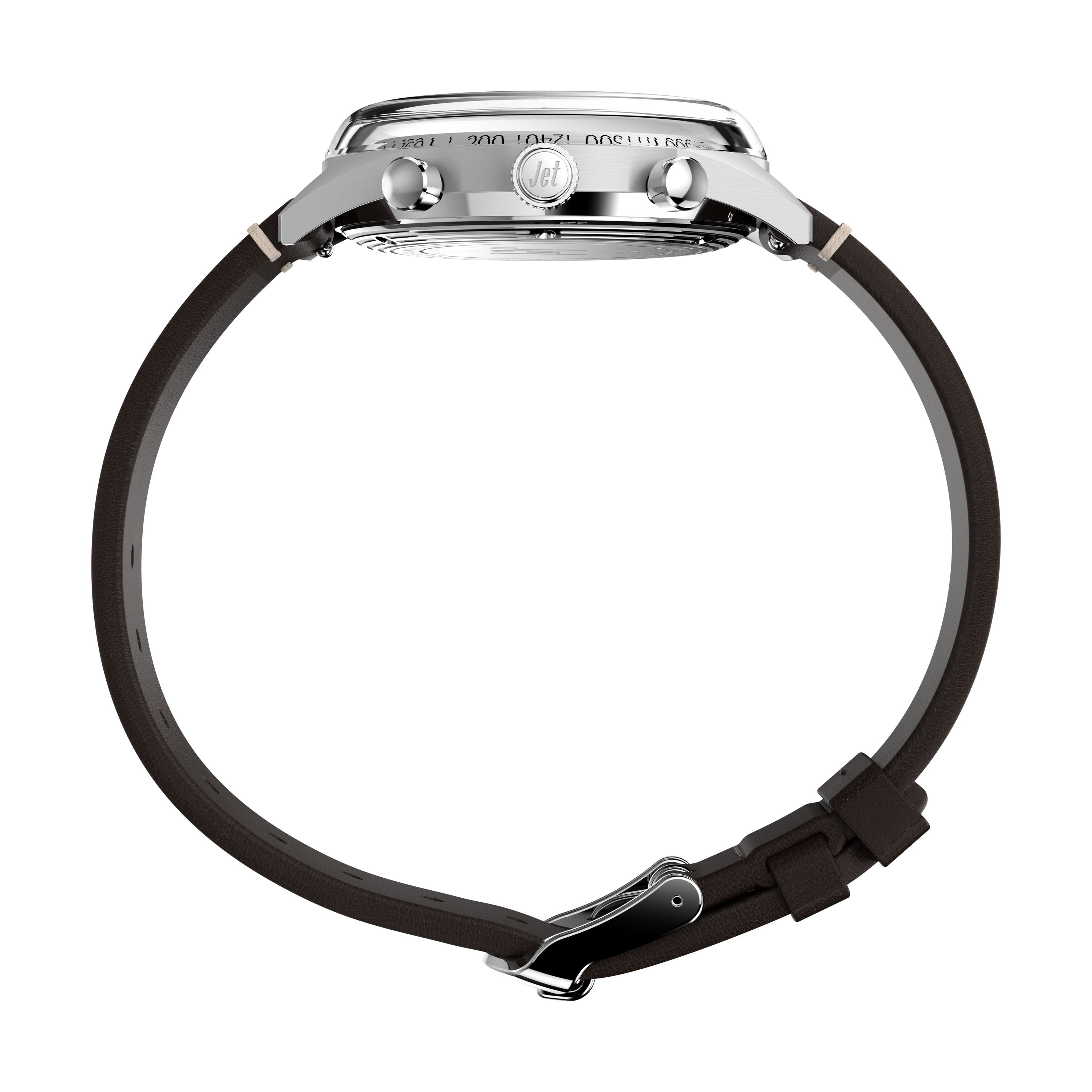 Side view of the Timex G SS QZ SW JET 40 BROWN DL BWN STP 25, showcasing a domed Hesalite crystal, two push buttons, a crown, and a dark brown leather strap with metallic buckle, set against a white background.