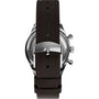 Back view of the Timex G SS QZ SW JET 40 BROWN DL BWN STP 25, featuring a dark brown leather strap, silver TIMEX-engraved buckle, shiny metallic case with chronograph pushers, and a bold domed Hesalite crystal.