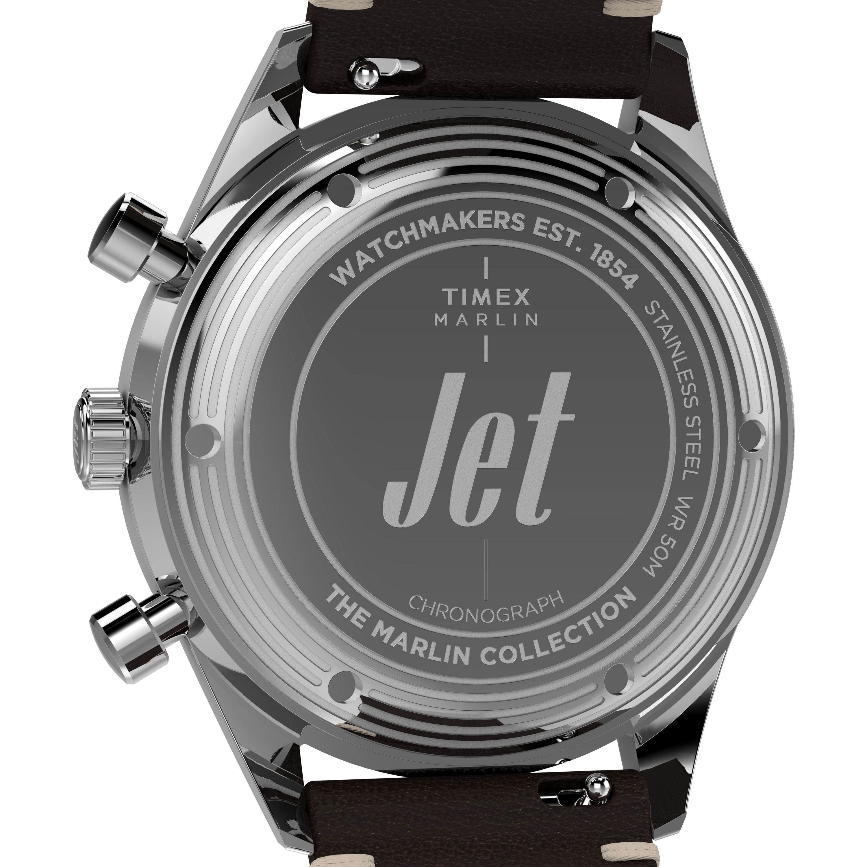 Close-up of the Timex G SS QZ SW JET 40 BROWN DL BWN STP 25’s back, showing engraved branding, chronograph function, stainless steel details, domed Hesalite crystal, black leather strap, and sleek metallic case.