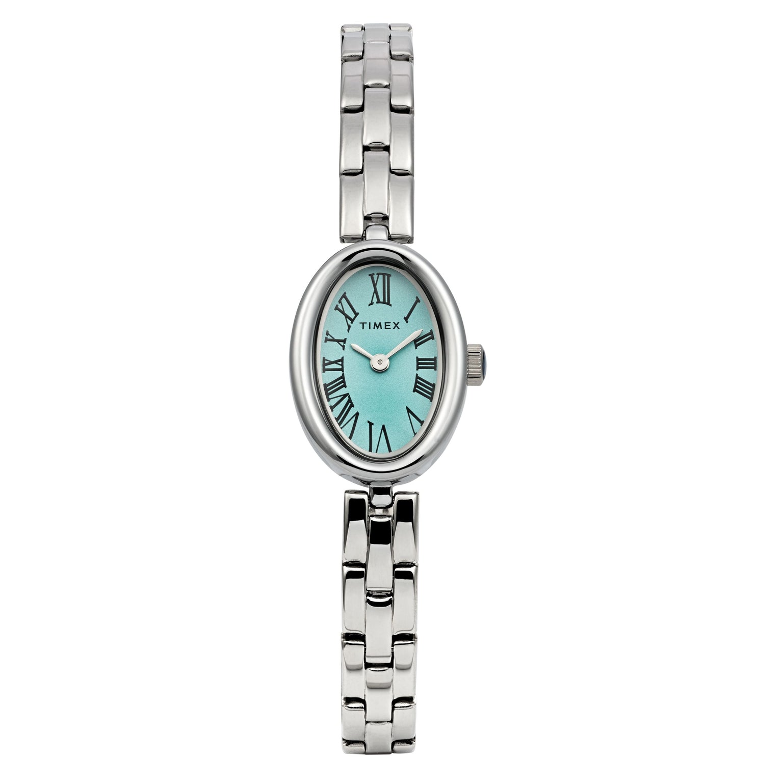 The Timex Cavatina features a silver-tone case and bracelet with an aquamarine dial, black Roman numerals, and an oval face. The Timex logo is visible on the dial.