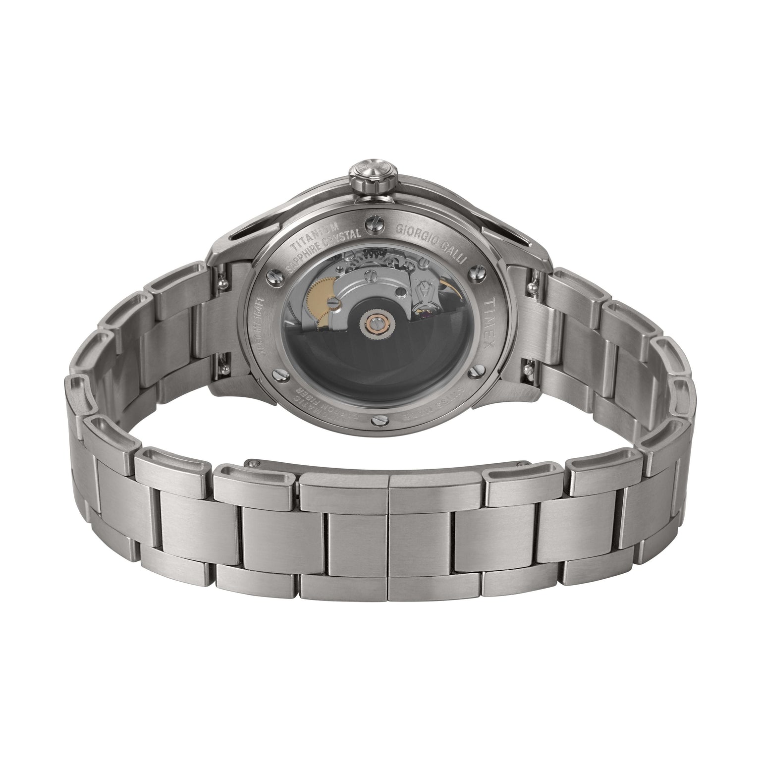 The image displays the back of the Timex Giorgio Galli S2Ti Automatic, featuring a silver metal band and a transparent sapphire crystal caseback that reveals its internal mechanical movement. The metal strap is open and laid out.