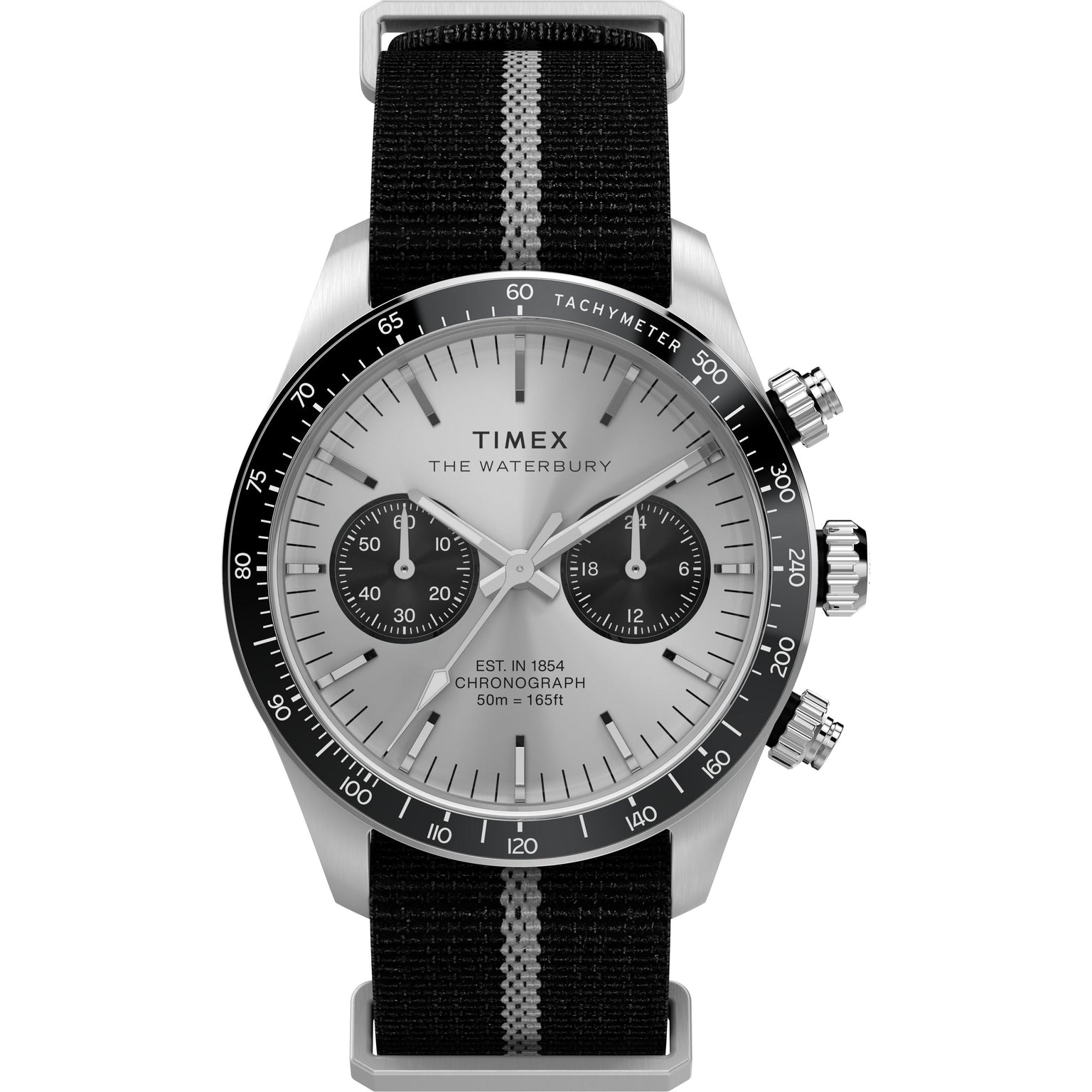 The Timex Waterbury Heritage Chronograph features a silver case, tachymeter bezel, two subdials, black nylon strap with gray stripe, silver hour markers, and is water-resistant up to 50 meters.