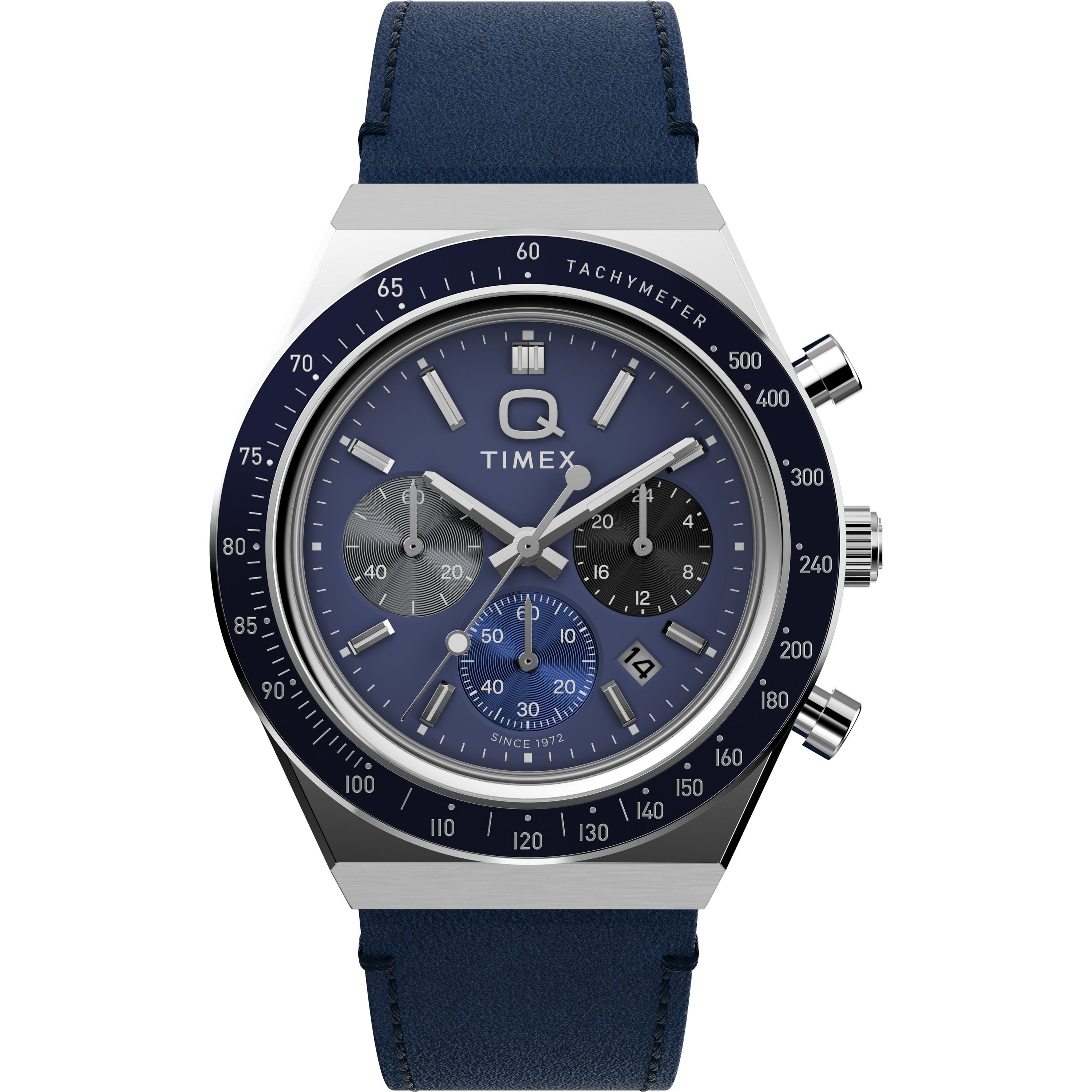 The Timex Q Chronograph features a blue and silver analog design with three subdials, a date window, tachymeter bezel, and blue leather strap—ideal for those looking for a modern racing-inspired watch.