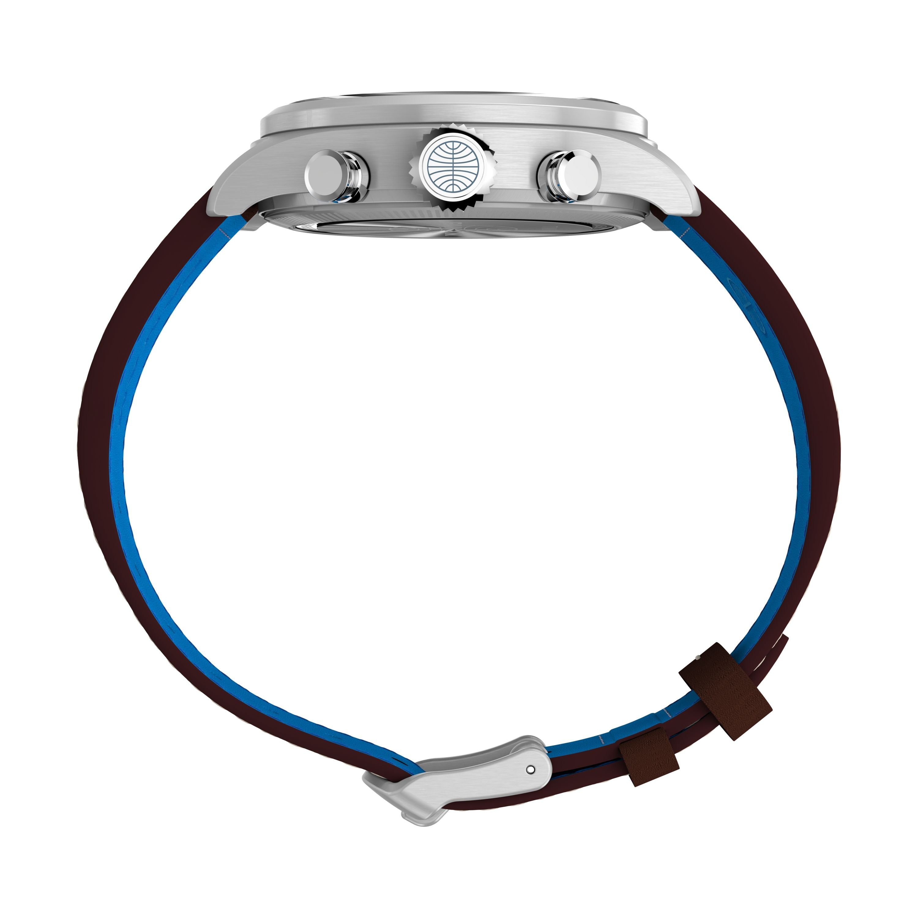 Side view of the Timex x Pan Am® Waterbury Ace Chronograph by Timex, featuring a stainless steel case, two push buttons, patterned crown, and a brown strap with blue inner lining and silver buckle.