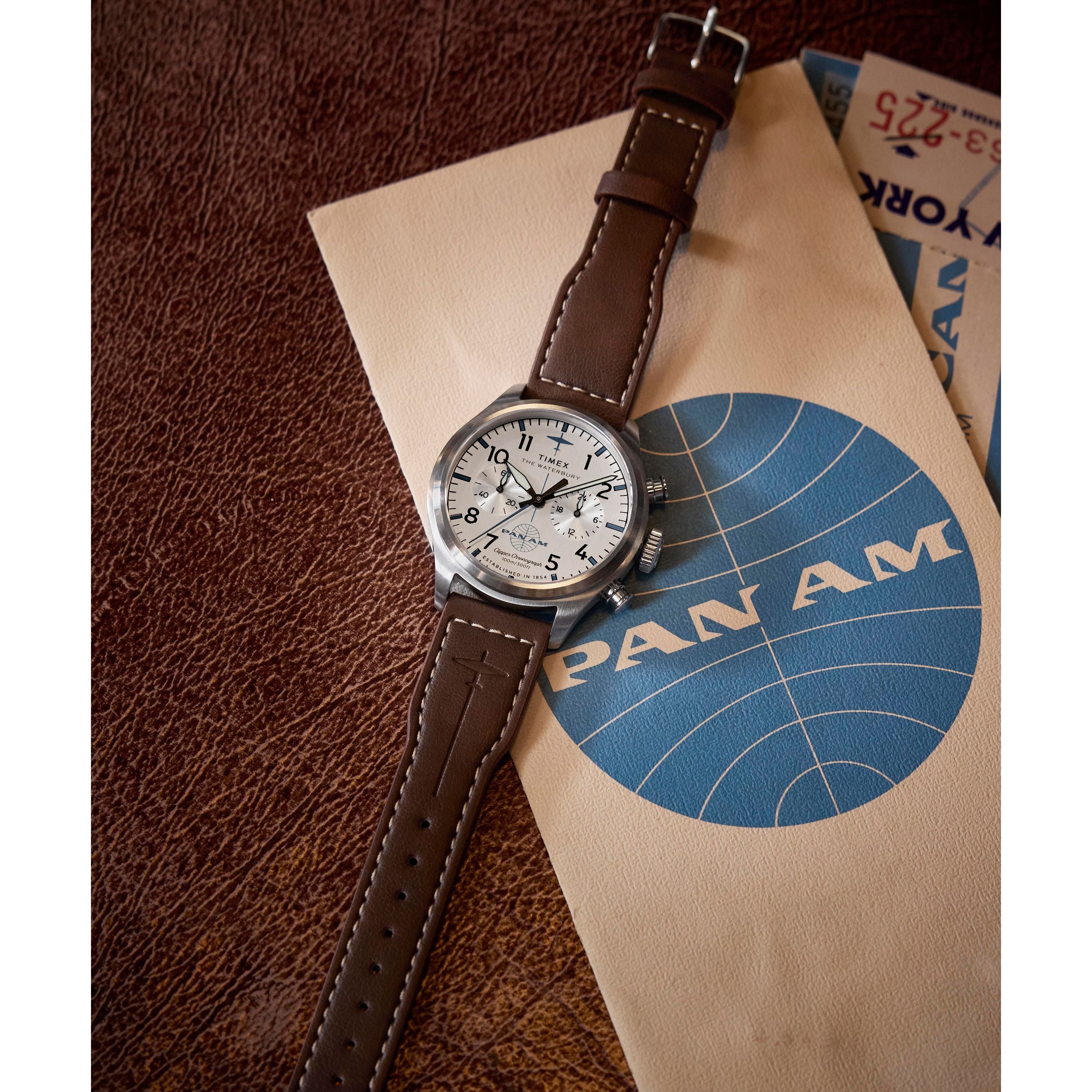 Timex x Pan Am® Waterbury Ace Chronograph 41mm Leather Strap Watch