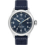 The Timex x Pan Am® Waterbury Automatic Ace features a blue dial with white numerals, date display, Pan Am logo above 6 o’clock, stainless steel case, and a blue leather strap with white stitching.