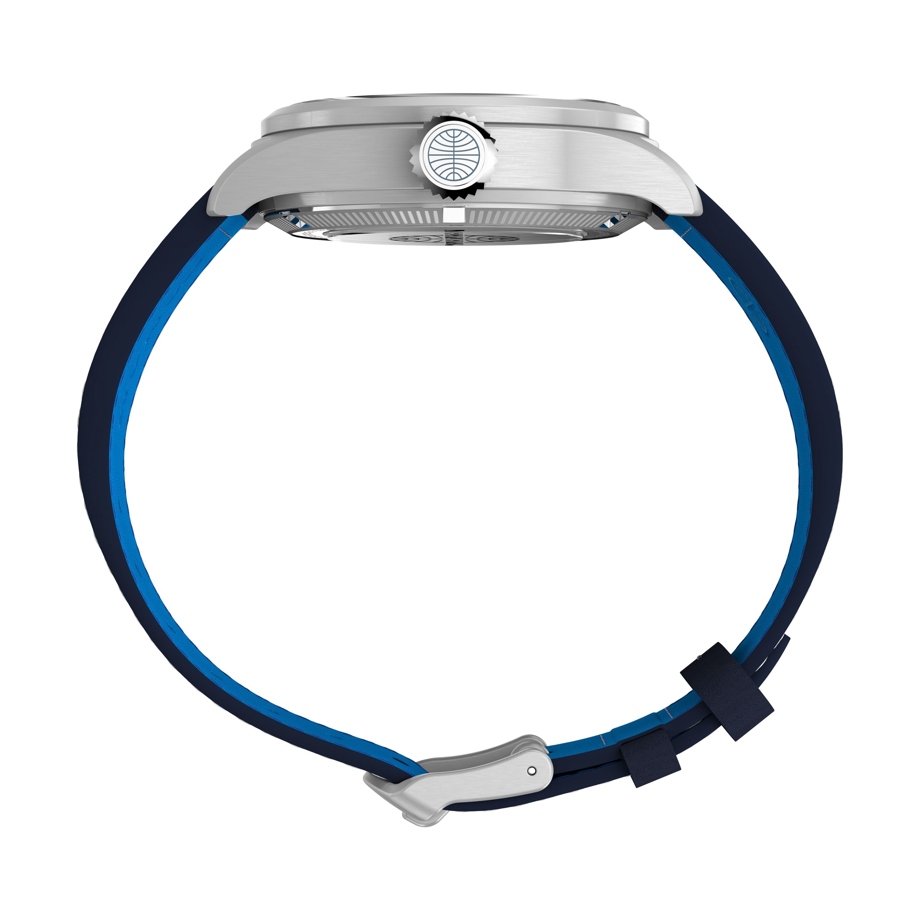 Side view of the Timex x Pan Am® Waterbury Automatic Ace by Timex, featuring a stainless steel case, blue and black strap, and detailed crown. The watch face is not visible in this image.