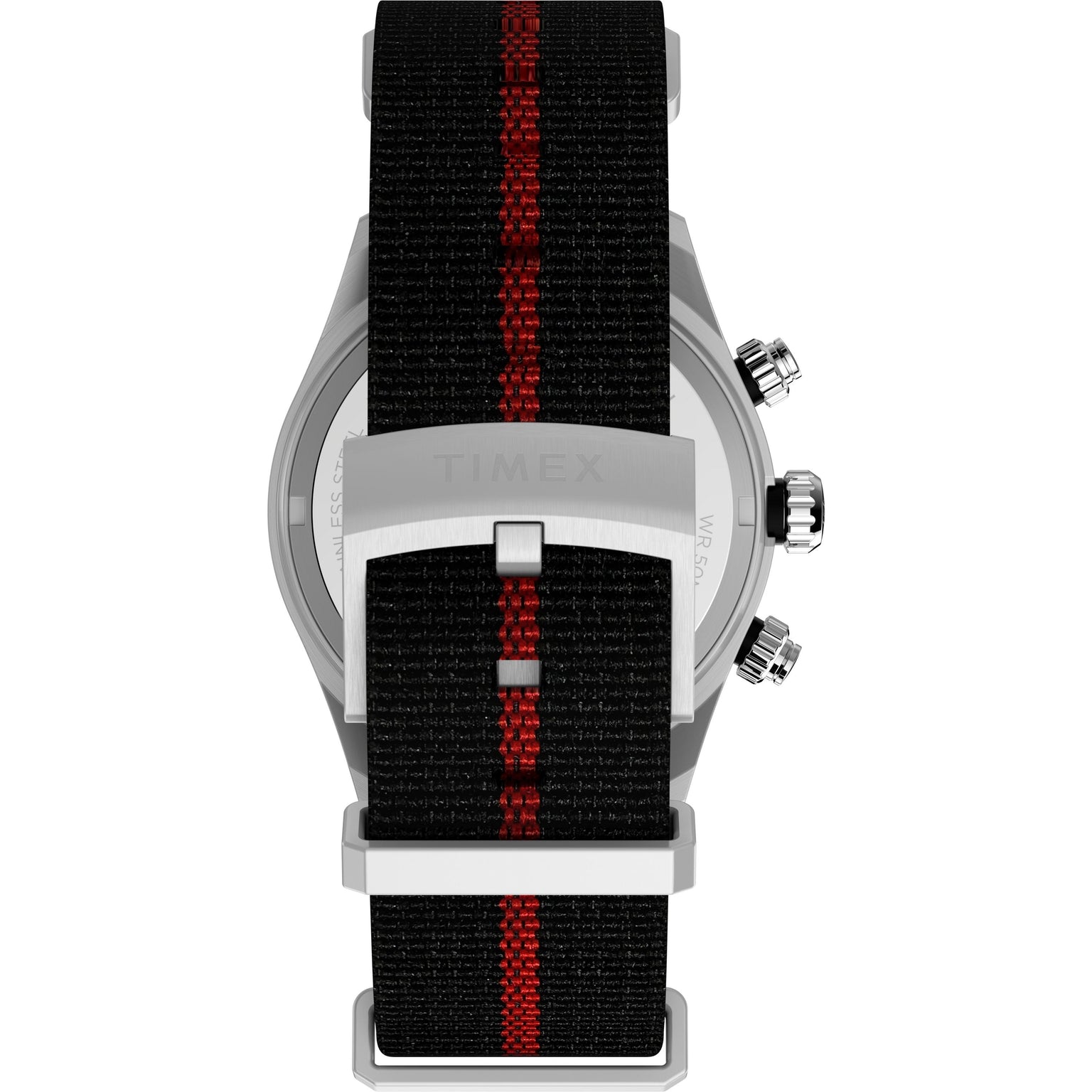 A close-up of the Timex Waterbury Heritage Chronograph shows its black recycled fabric strap with a red center stripe and a silver “TIMEX” buckle. The watch case, tachymeter bezel, and buttons are also partially visible.