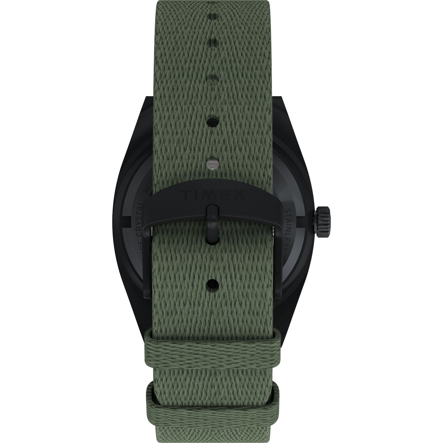 A close-up shows the back of the Timex Expedition® Capstone Automatic, a 39mm stainless steel watch with a textured green fabric strap and black metal buckle featuring the Timex logo.