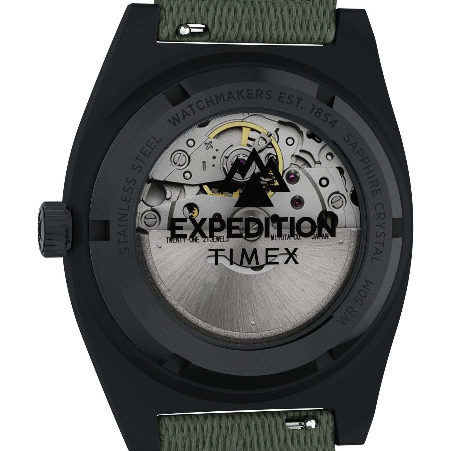 Close-up of the back of the 39mm Timex Expedition® Capstone Automatic watch, featuring a transparent case displaying its Japanese automatic movement and glass printed with "Expedition," "Timex," and mountain graphics.