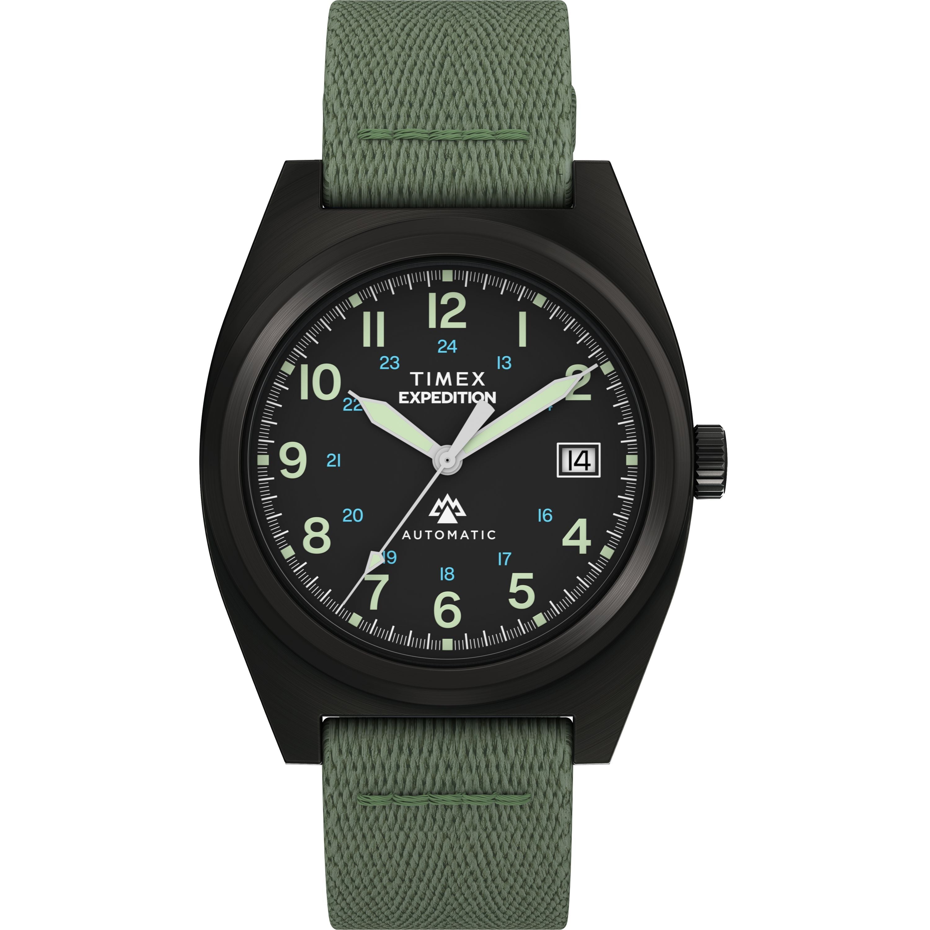 The Timex Expedition® Capstone Automatic watch has a 39mm stainless steel case, green fabric strap, black dial with luminous hands and numerals, date at 3 o’clock, and “AUTOMATIC” above 6 o’clock.