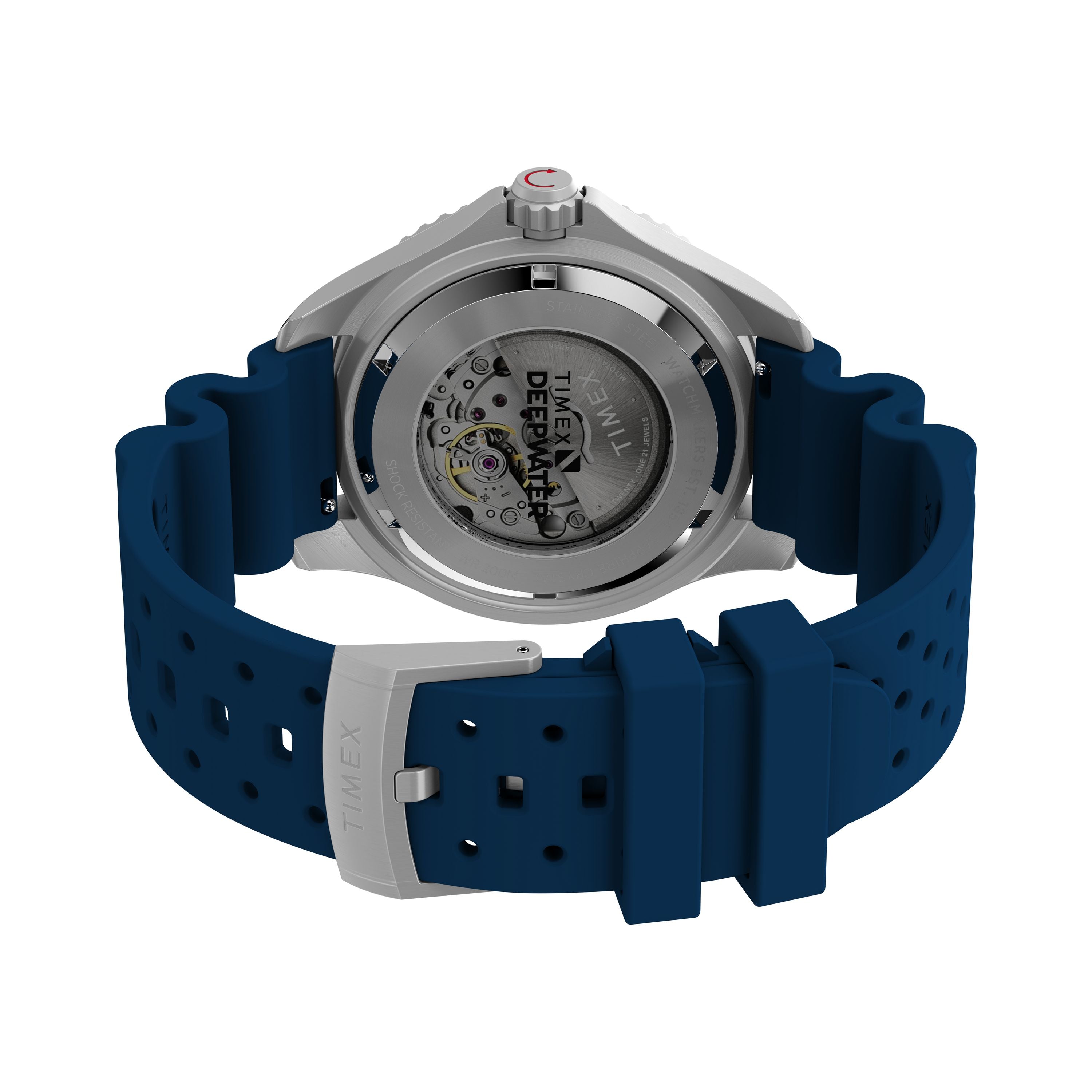 A close-up view of the Timex G SS AU SW DEEP WTR MERDIAN 44 BLU DL 25 shows its stainless steel case, blue perforated silicone strap, and visible mechanical movement with gears and the Timex logo on the case back.