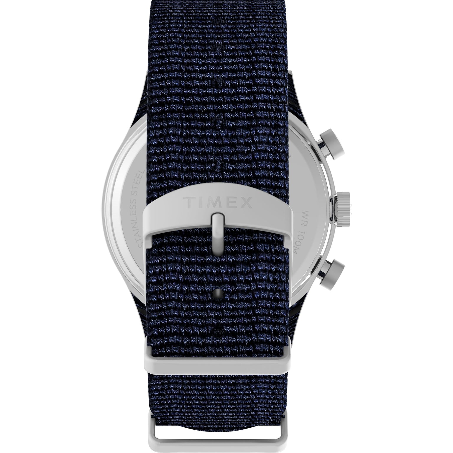 A close-up of the Timex Waterbury Traditional Fly-Back Chronograph stainless steel watch.