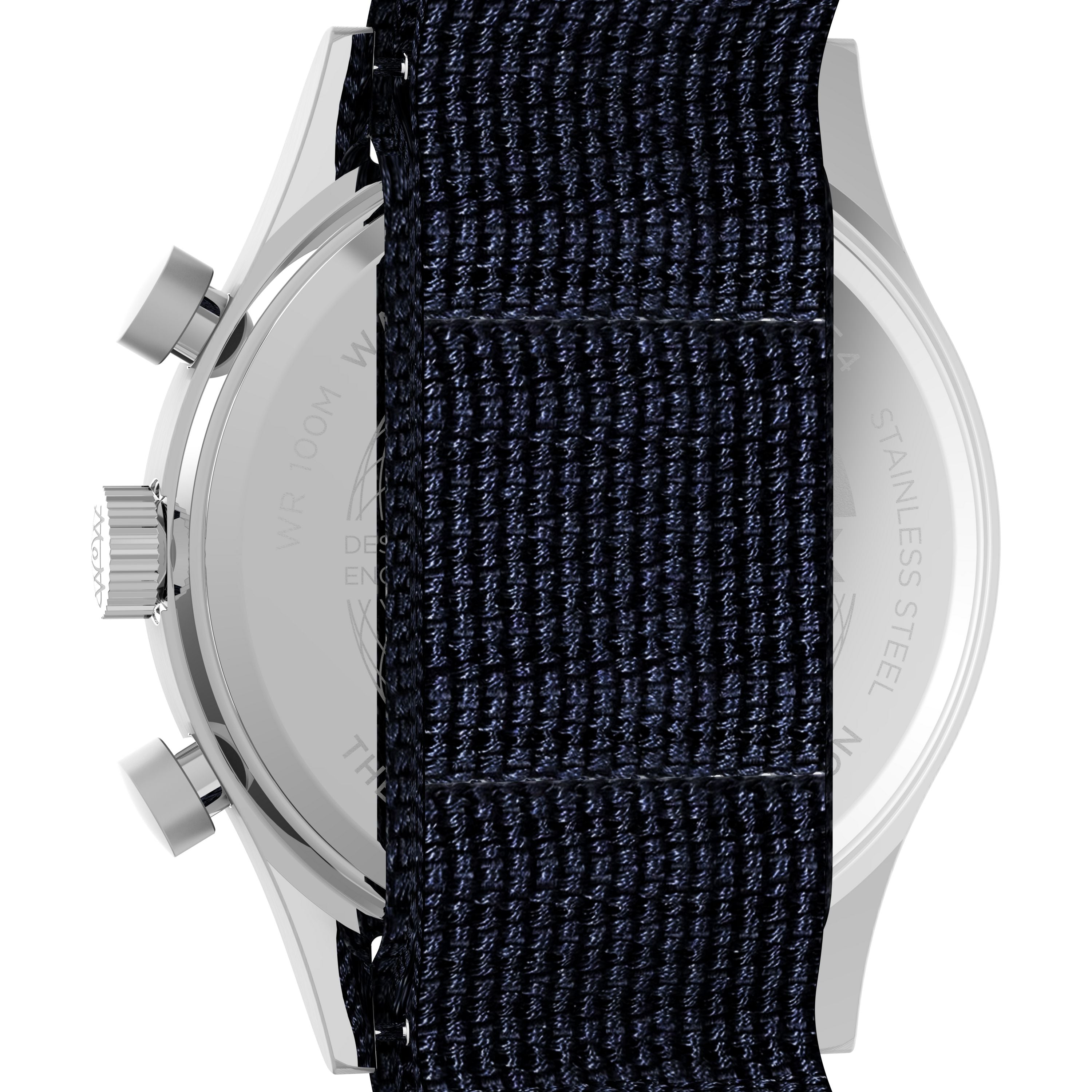 A close-up of the Timex Waterbury Traditional Fly-Back Chronograph shows its stainless steel case partly concealed by a dark blue woven strap, with side buttons and part of the back casing visible.
