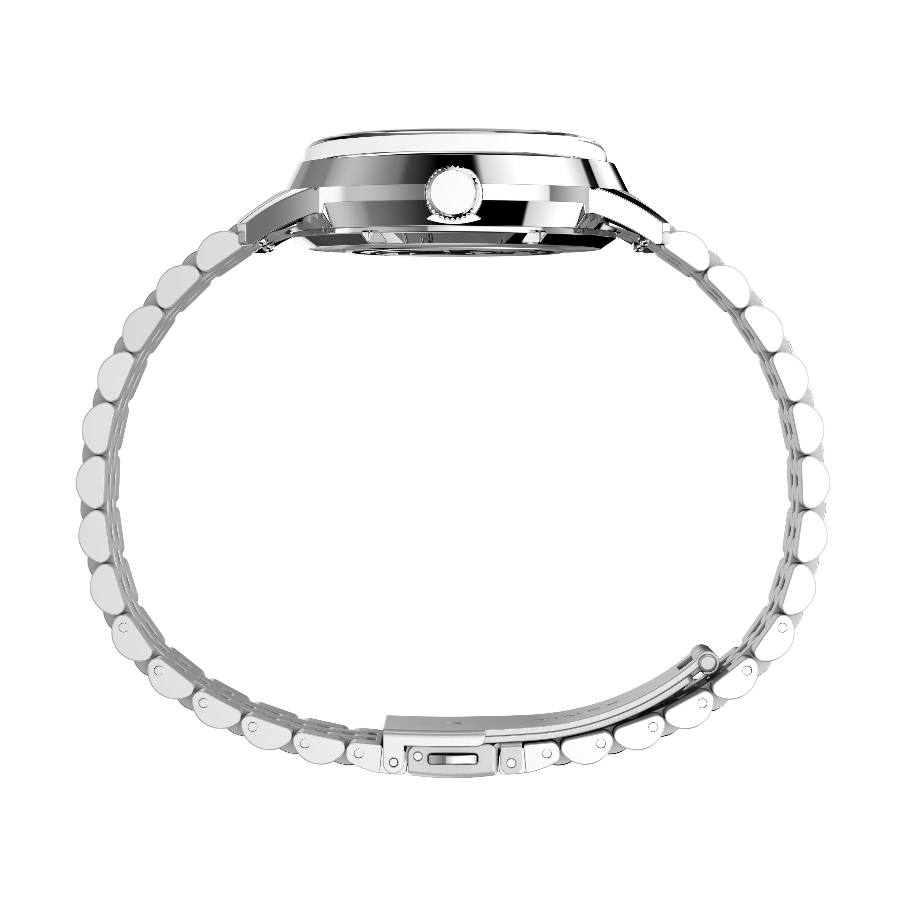 Side view of the Timex x Peanuts® Marlin® Automatic 75th Anniversary watch with a round silver face, linked bracelet, and clasp, highlighting the case thickness and right-side crown—crafted to honor Peanuts' 75 years.