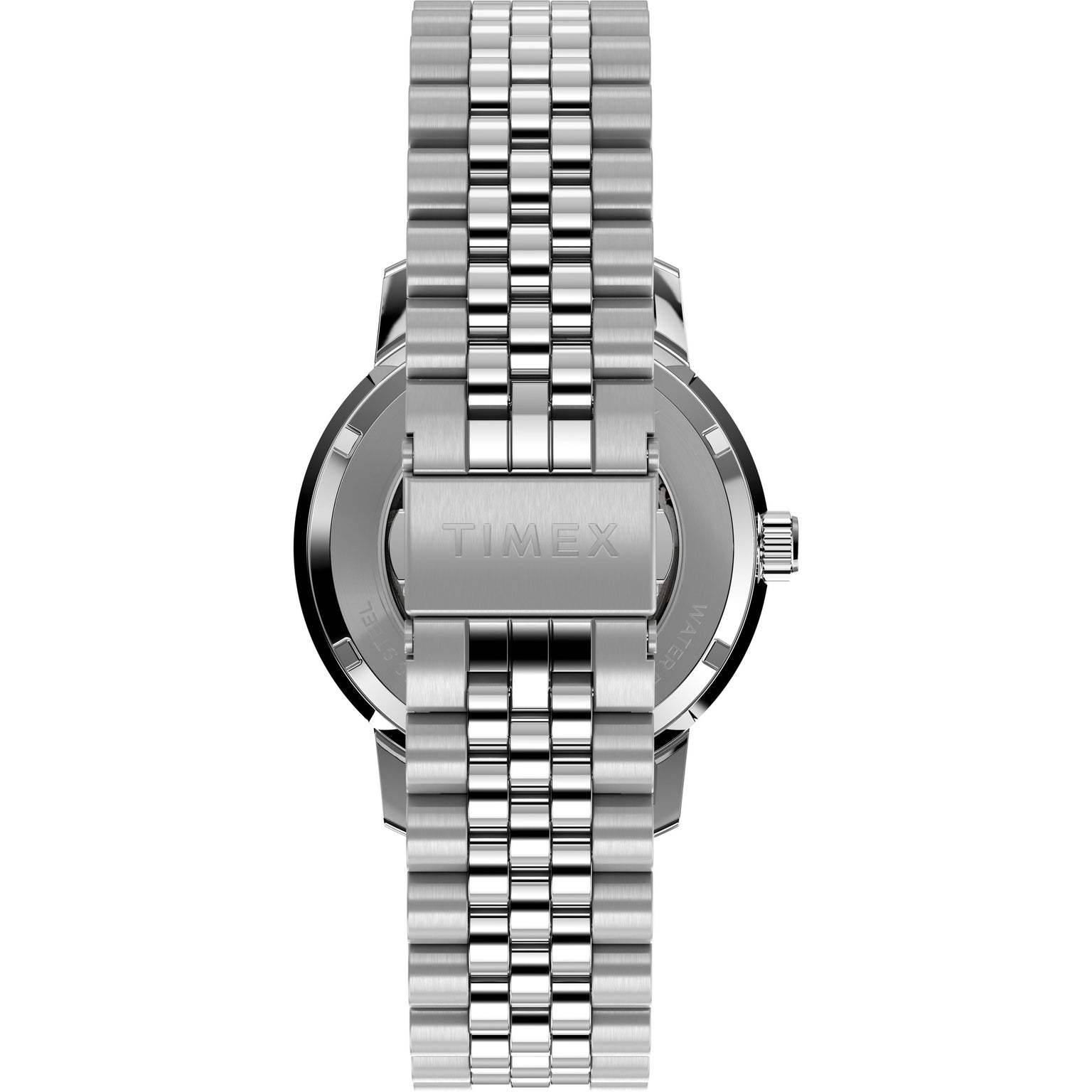 A close-up of the Timex x Peanuts® Marlin® Automatic 75th Anniversary watch showcases its silver metal link bracelet and engraved clasp, blending Timex’s signature design with the classic elegance of Marlin Automatic.