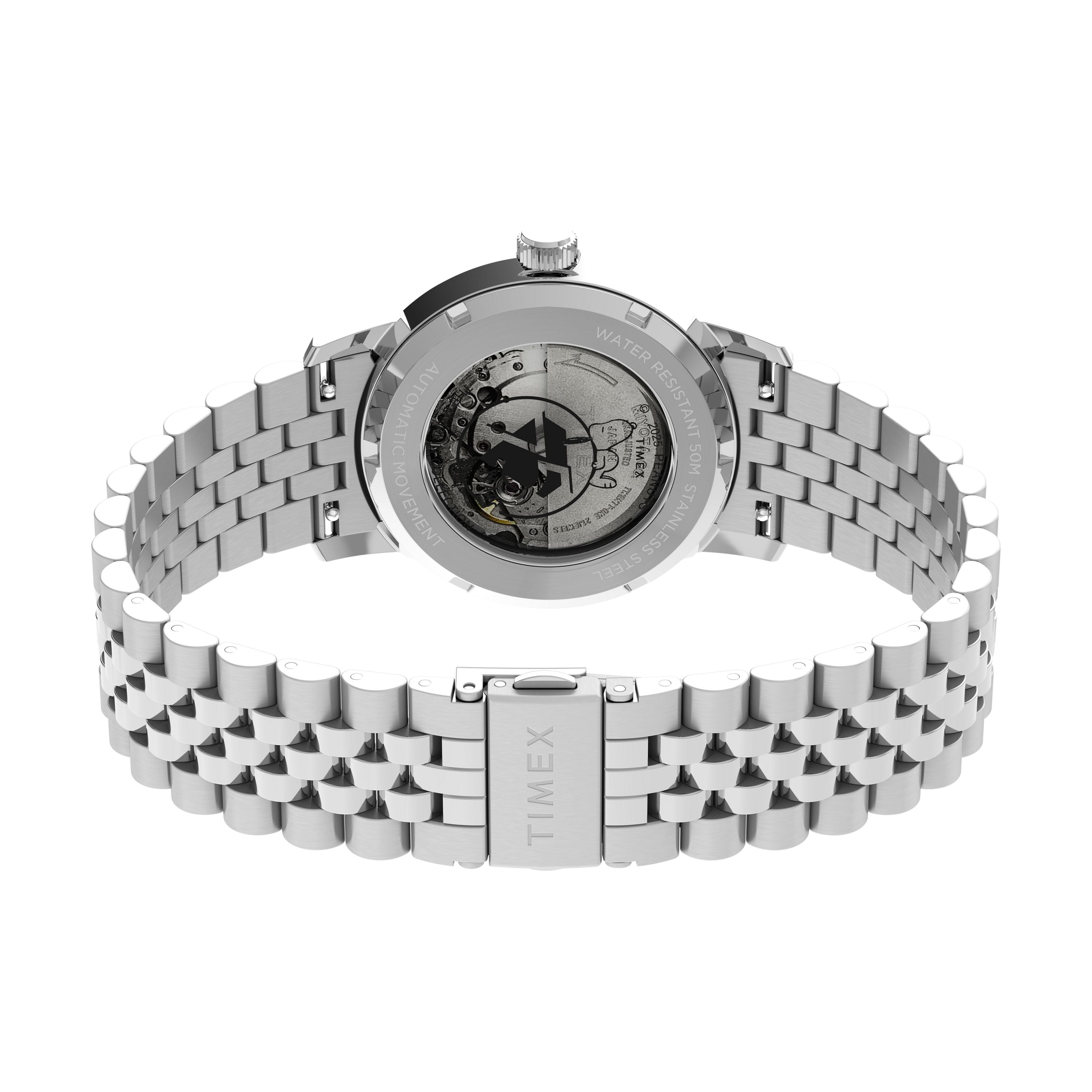 Close-up of the Timex G SS AU BW PEANUTS MARLIN 75 ANNI EDI 25, featuring a silver metal link bracelet and transparent case back displaying the Marlin Automatic movement.