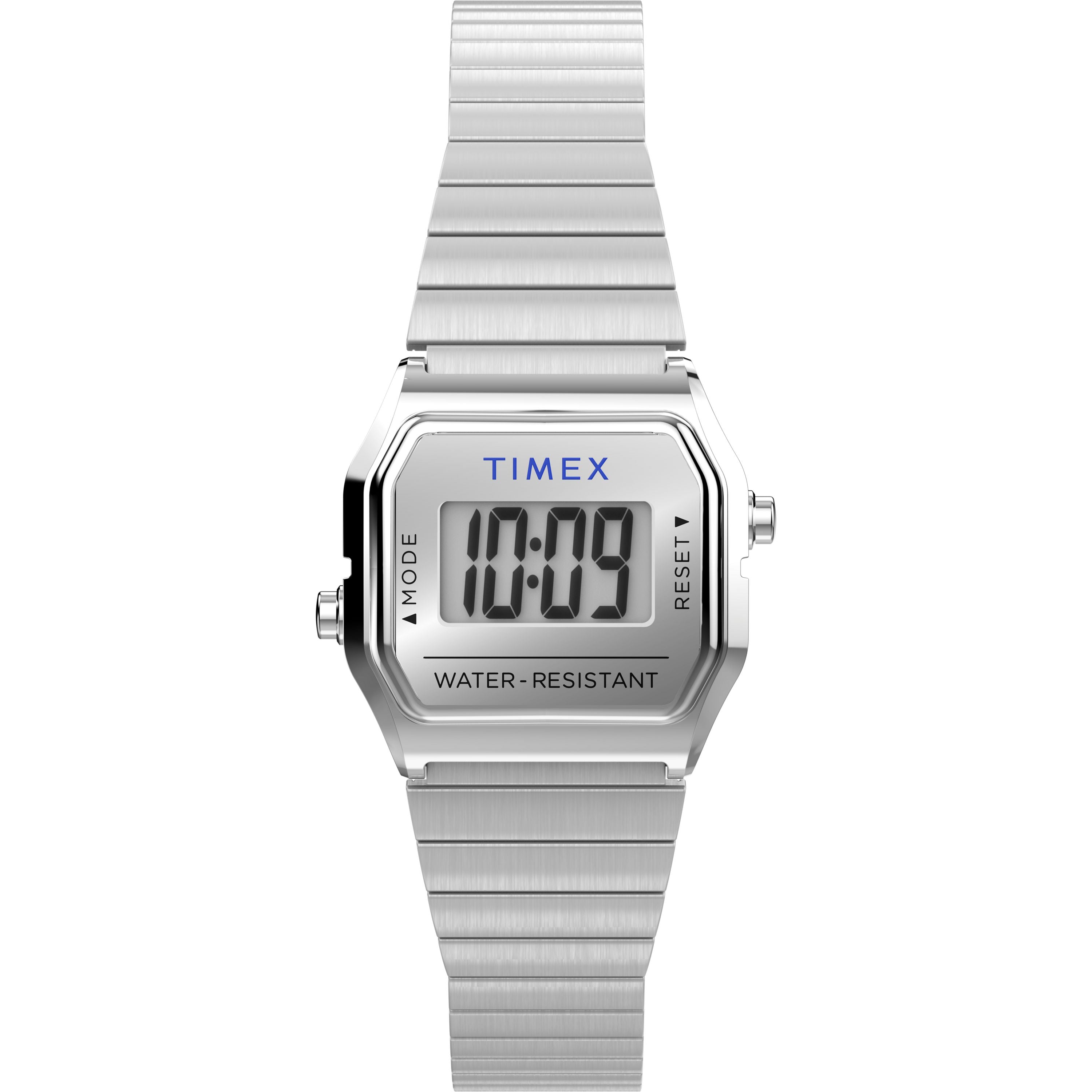 The Timex Teeny Tiny is a digital wristwatch with a rectangular face displaying 10:09 and WATER RESISTANT. It has a brushed stainless-steel case and band, ideal for fans of compact watches.