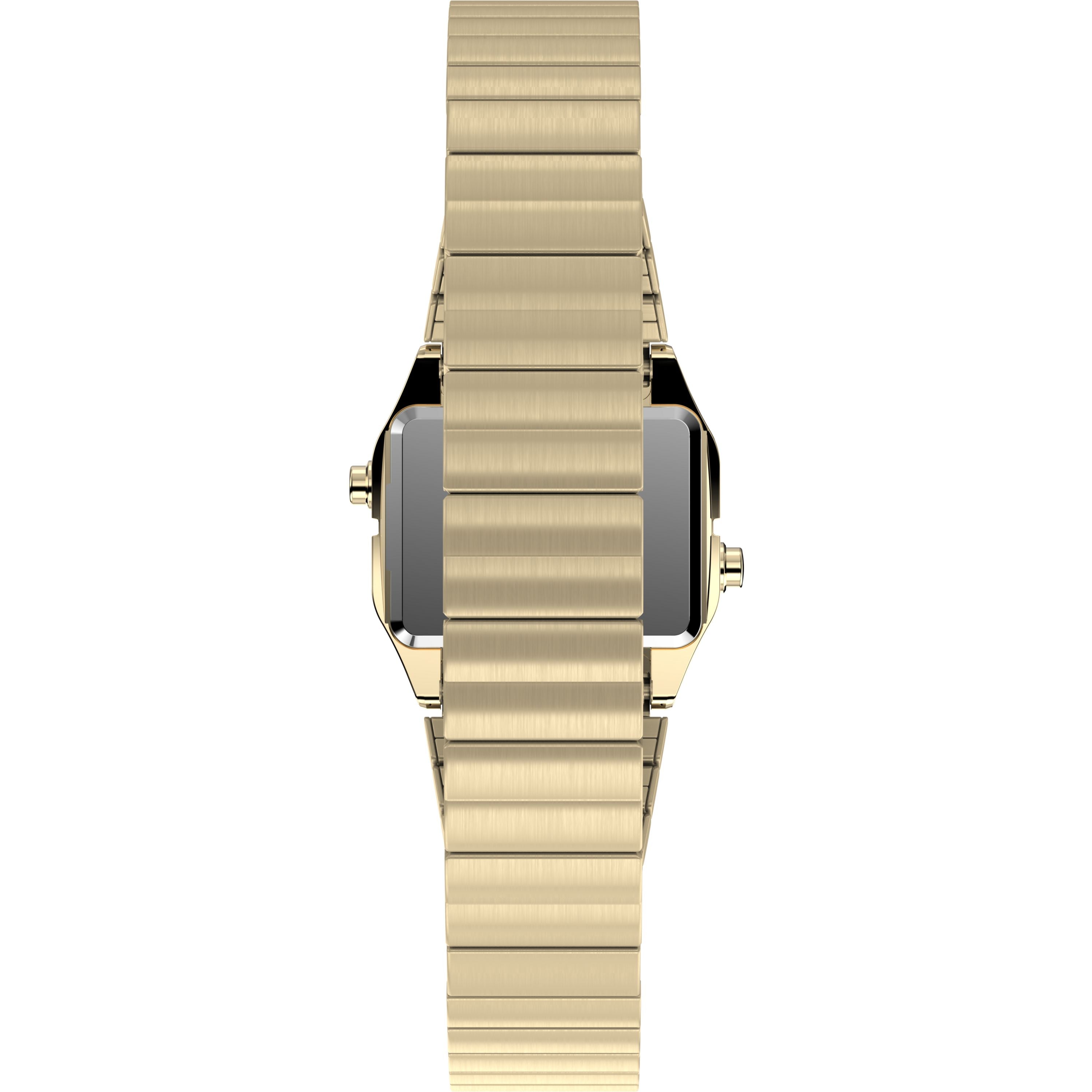 The Timex L SS QZ BW TEENY TINY 20 GLD DL/STP 25 gold wristwatch features a sleek, brushed metallic band and polished stainless-steel case edges, shown from the side with its watch face hidden.