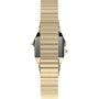 The Timex L SS QZ BW TEENY TINY 20 GLD DL/STP 25 gold wristwatch features a sleek, brushed metallic band and polished stainless-steel case edges, shown from the side with its watch face hidden.