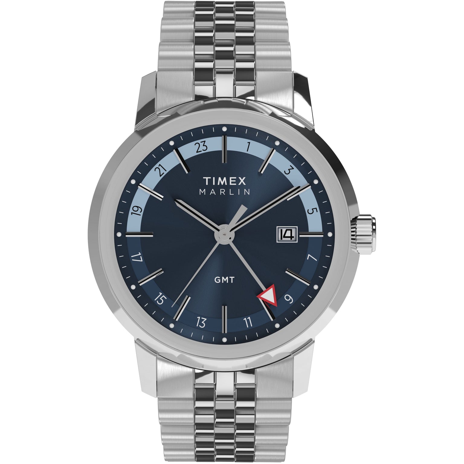 The Timex Marlin® Quartz GMT features a stainless steel case, blue dial with silver markers, date window at 3 o’clock, red-tipped GMT hand for dual time zones, metal bracelet band, and polished bezel.
