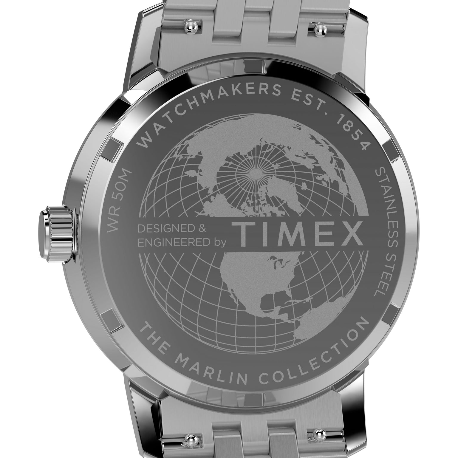 The back of the Timex Marlin® Quartz GMT features a world map, compass lines, and text celebrating its timeless dual time zone design: “WATCHMAKERS EST. 1854,” “DESIGNED & ENGINEERED BY TIMEX,” and “THE MARLIN COLLECTION.”.