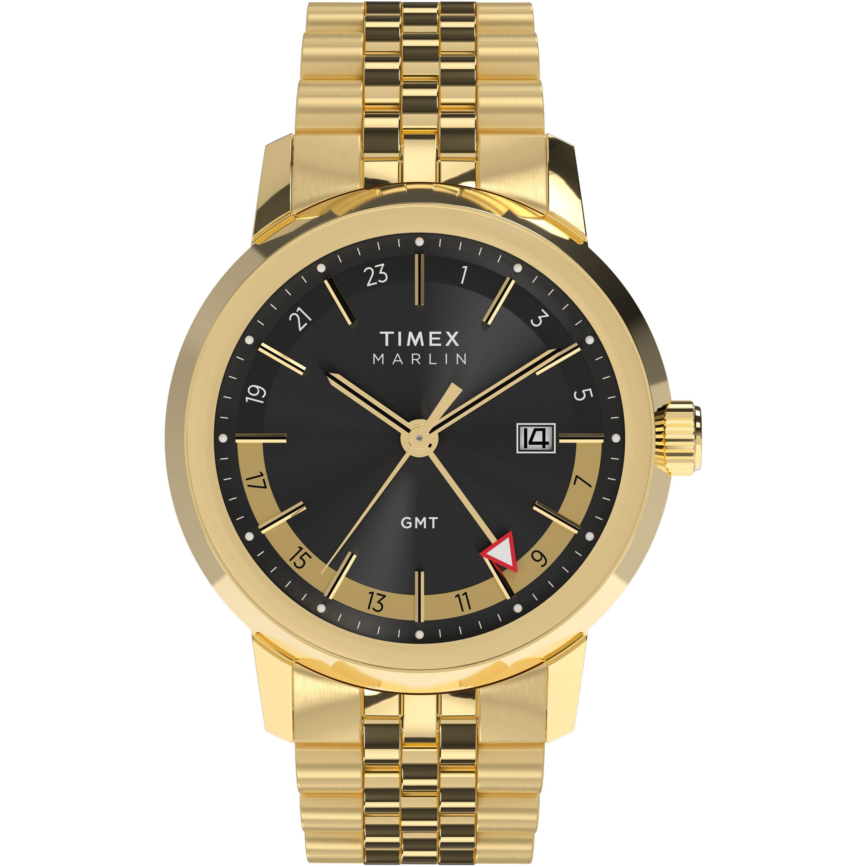The Timex Marlin® Quartz GMT is a gold wristwatch featuring a black dial, gold hour markers and hands, red GMT hand for dual time zones, date at 3 o’clock, and a bold gold metal link band.