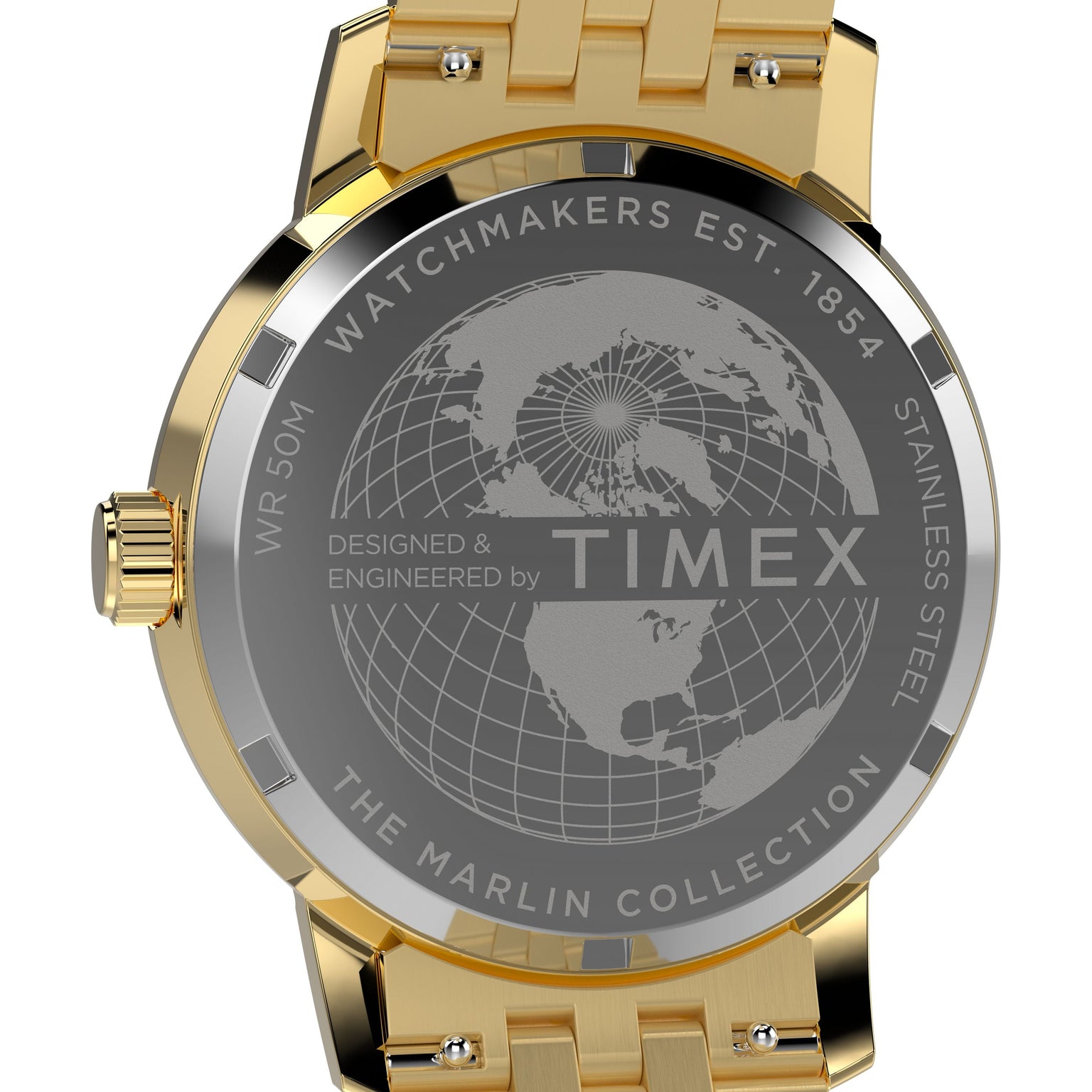 The back of a gold Timex Marlin® Quartz GMT watch features an engraved world map, the Timex logo, and the words "Watchmakers Est. 1854," "WR 50M," "Stainless Steel," and "The Marlin Collection.