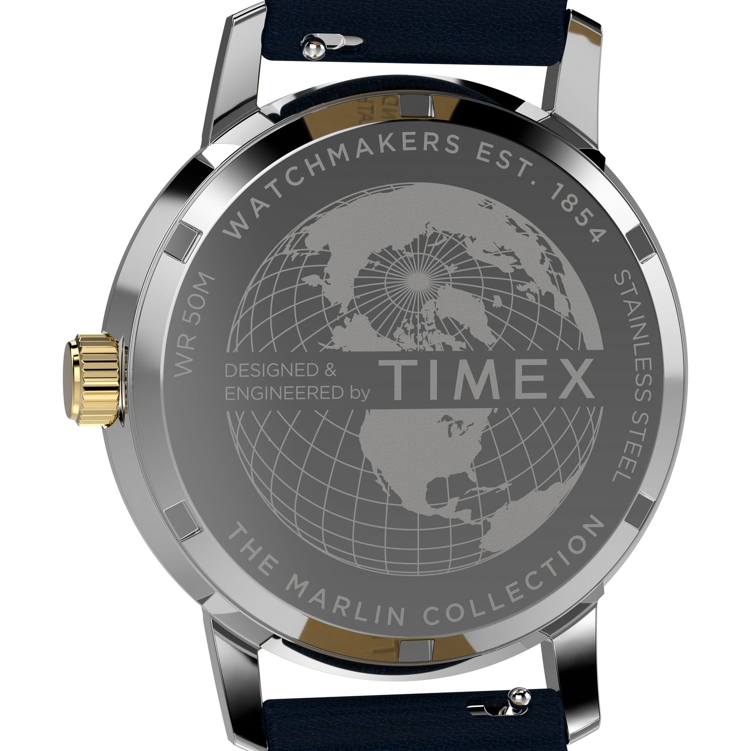 The back of the Timex Marlin® Quartz GMT watch features an engraved world map, Timex branding, and text: WATCHMAKERS EST. 1854, STAINLESS STEEL, WR 50M, and THE MARLIN COLLECTION.