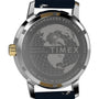 The back of the Timex Marlin® Quartz GMT watch features an engraved world map, Timex branding, and text: WATCHMAKERS EST. 1854, STAINLESS STEEL, WR 50M, and THE MARLIN COLLECTION.
