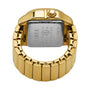 The MM6 Gold Tone Digital Ring Watch by Timex is shown from the back, highlighting its metallic band and stainless steel case back with manufacturer details and serial numbers.