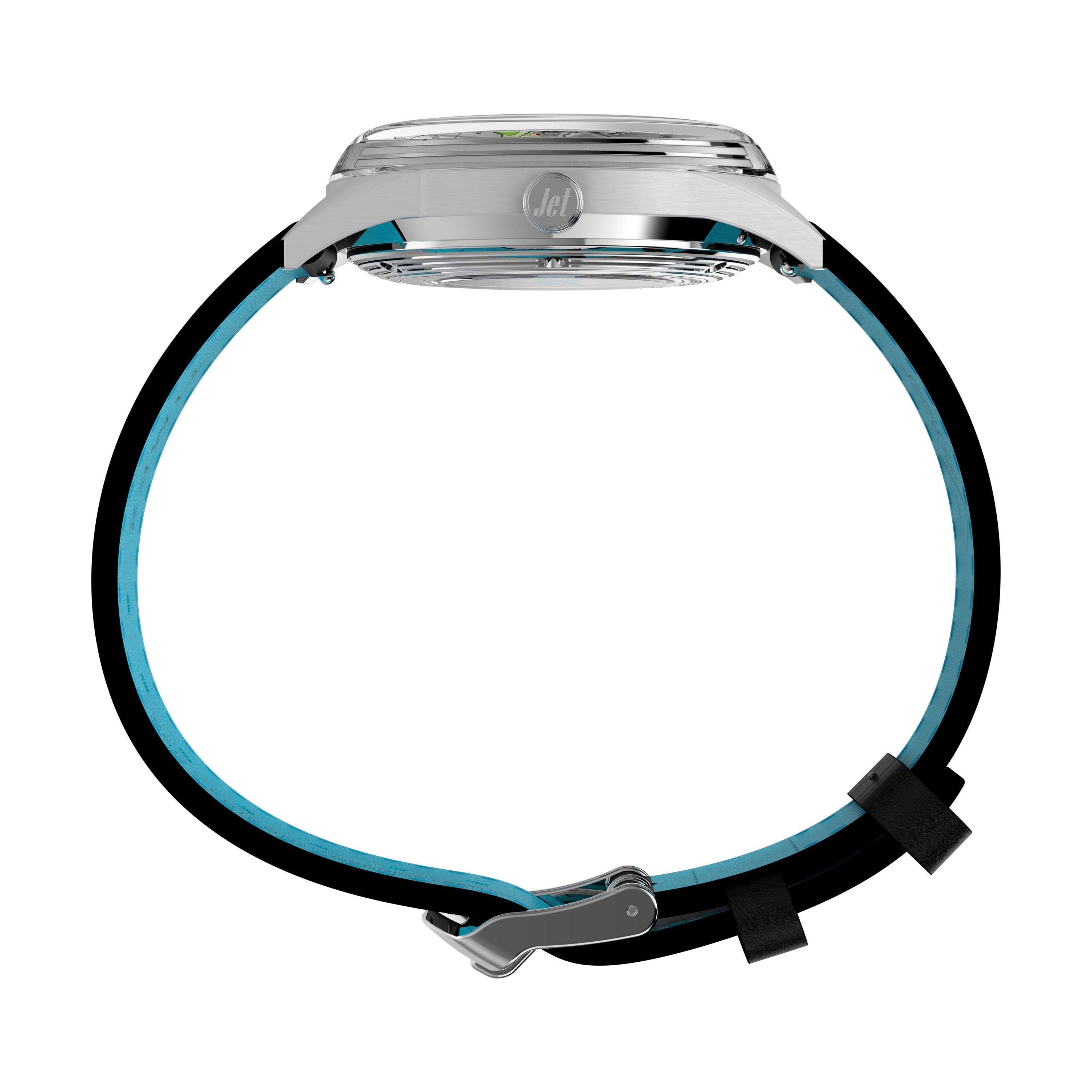 Side view of the Timex Marlin Jet Automatic x The Jetsons watch, featuring a silver case, black strap with blue lining, and displayed open in a circular shape on a white background. Design inspired by The Jetsons.