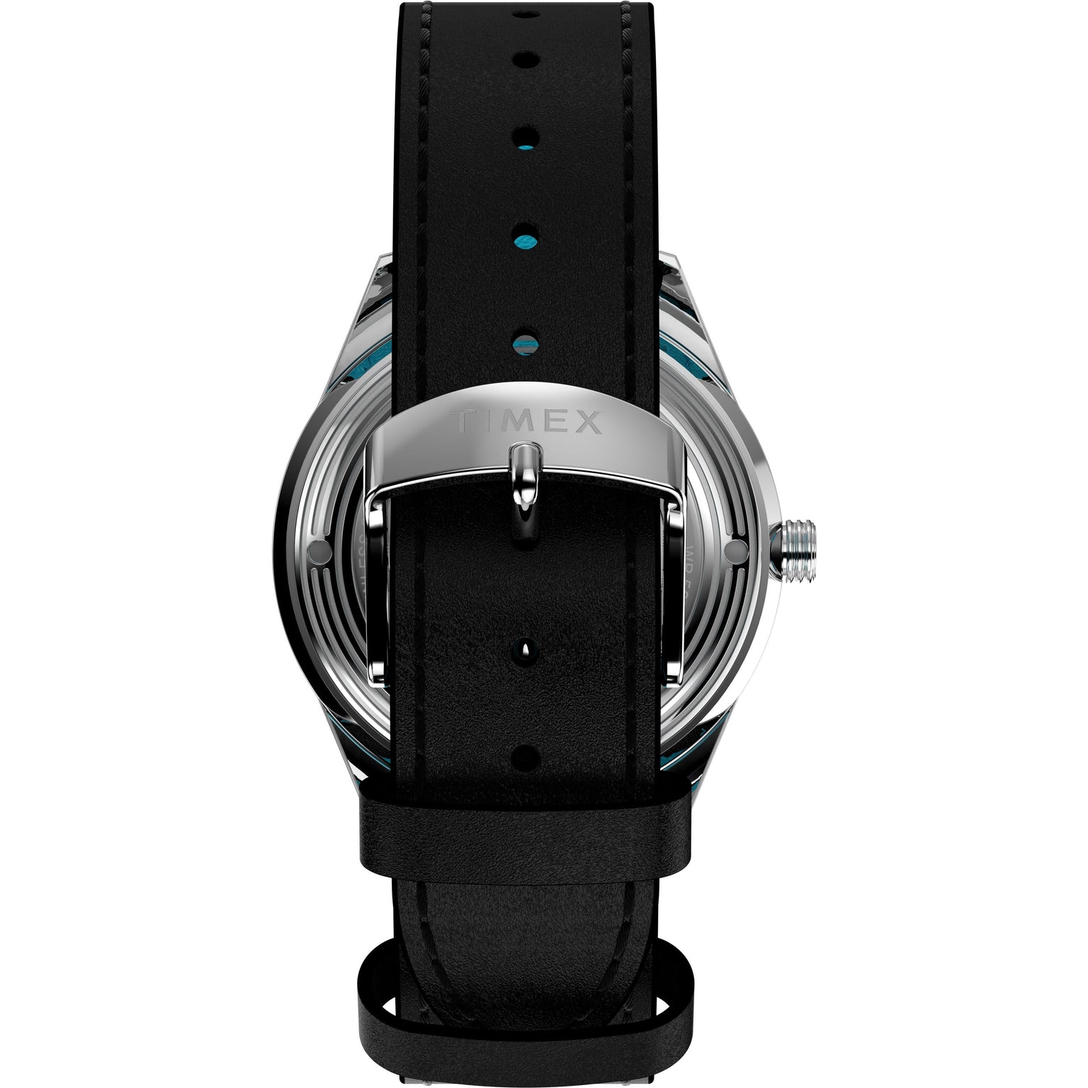 A close-up of the Timex Marlin Jet Automatic x The Jetsons wristwatch shows its black leather strap and silver buckle, highlighting retro-futuristic design elements inspired by The Jetsons, with the strap neatly threaded through the buckle.