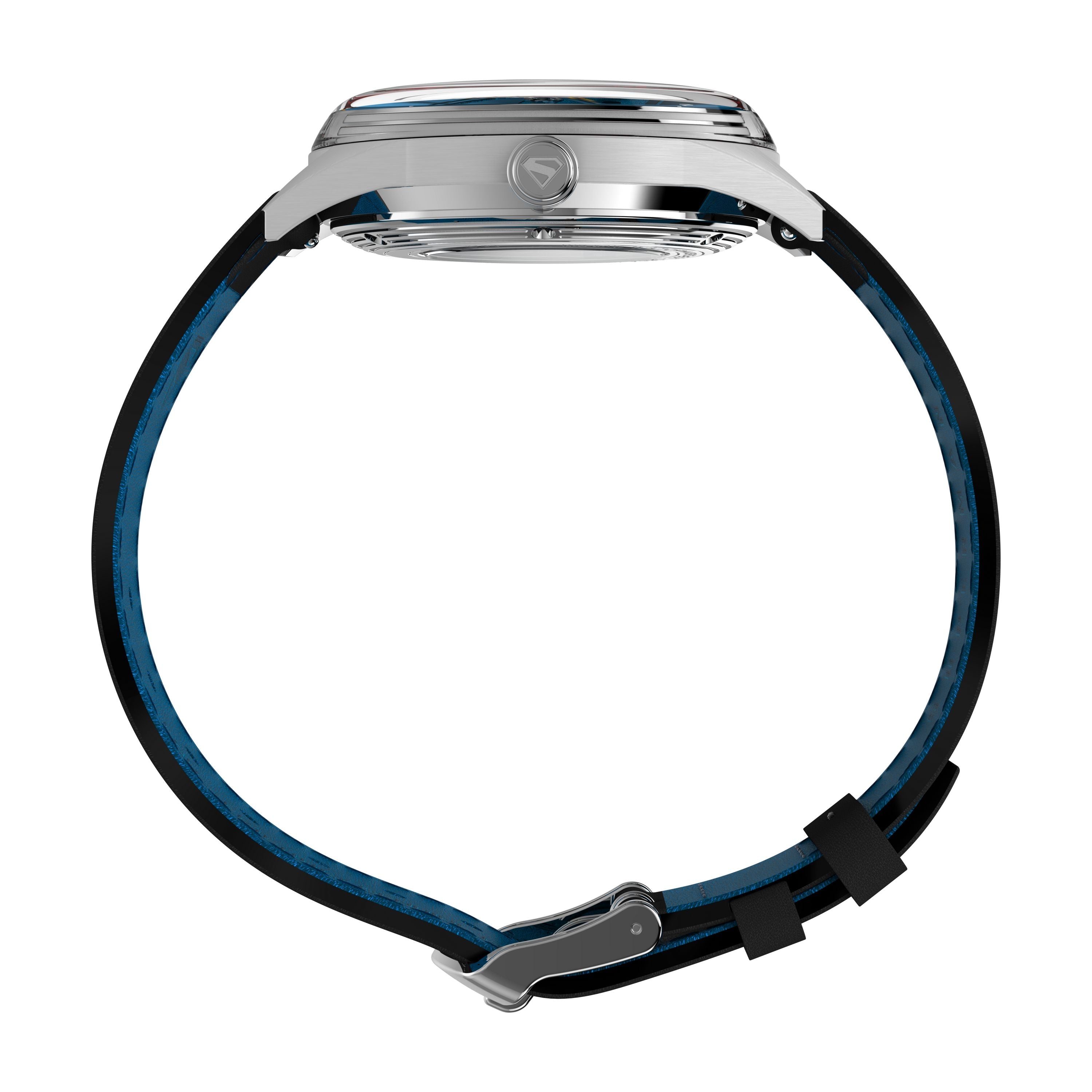 Side view of the Timex x Superman Marlin® Jet Automatic watch by Timex, featuring a silver case, black and blue strap with metal clasp and two loops, plus automatic movement, displayed on a white background.