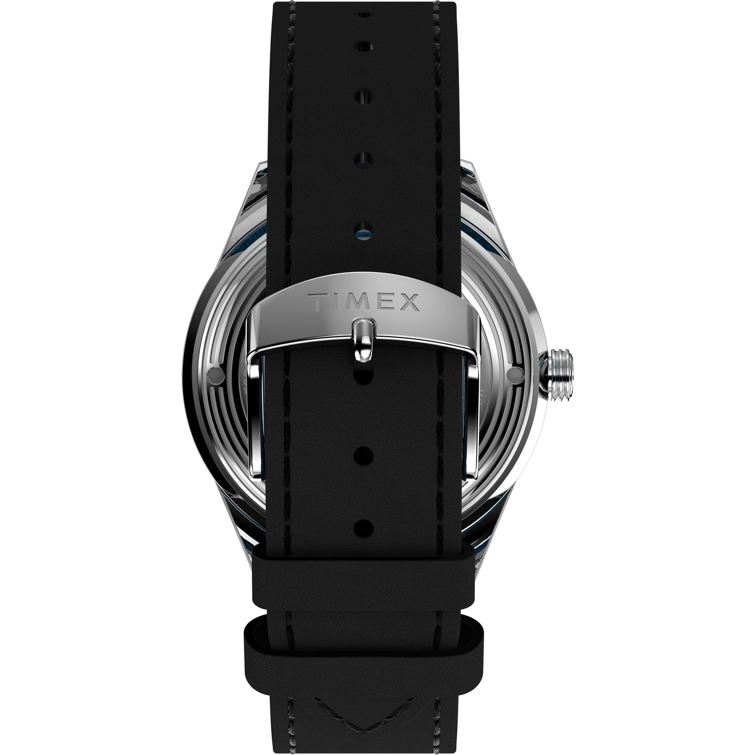 The image displays the back of the Timex x Superman Marlin® Jet Automatic by Timex, featuring a black strap, silver clasp engraved with TIMEX, and metallic case emphasizing its automatic movement.