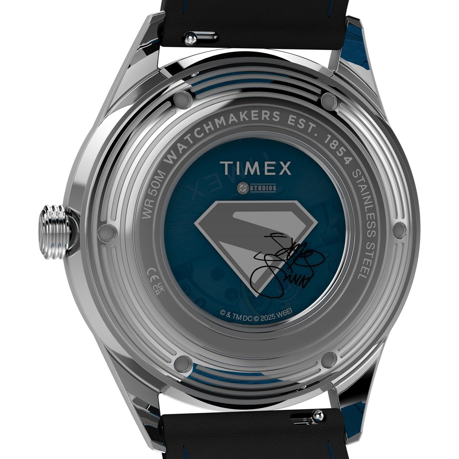 The Timex x Superman Marlin® Jet Automatic features a black leather strap and a case back with the bold Superman emblem, “Watchmakers Est. 1854 Stainless Steel,” and an autograph on the glass.