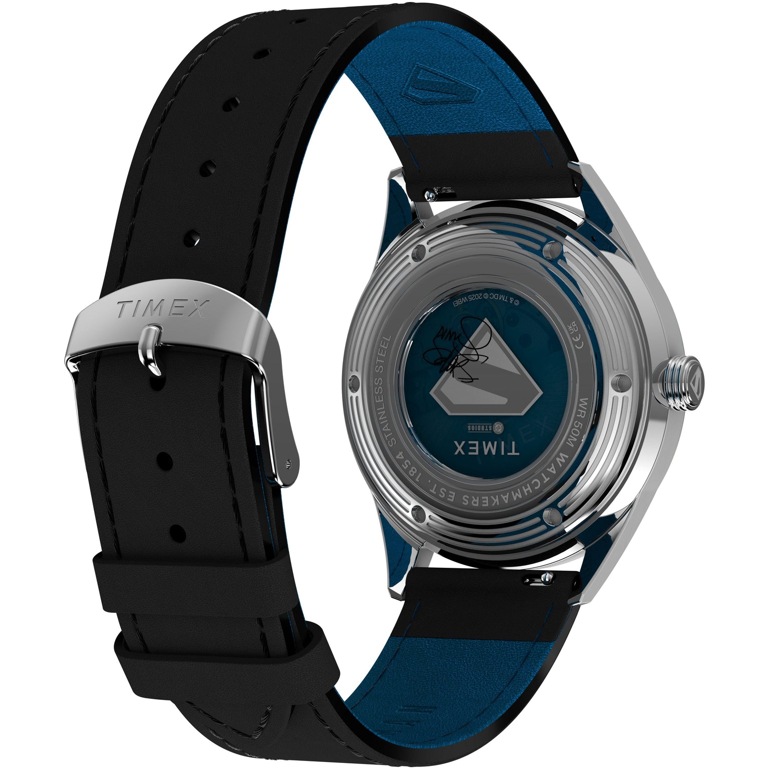 A close-up of the Timex x Superman Marlin® Jet Automatic watch shows its black strap, branded metal buckle, and engraved caseback with blue and silver accents on this limited-edition Timex timepiece.