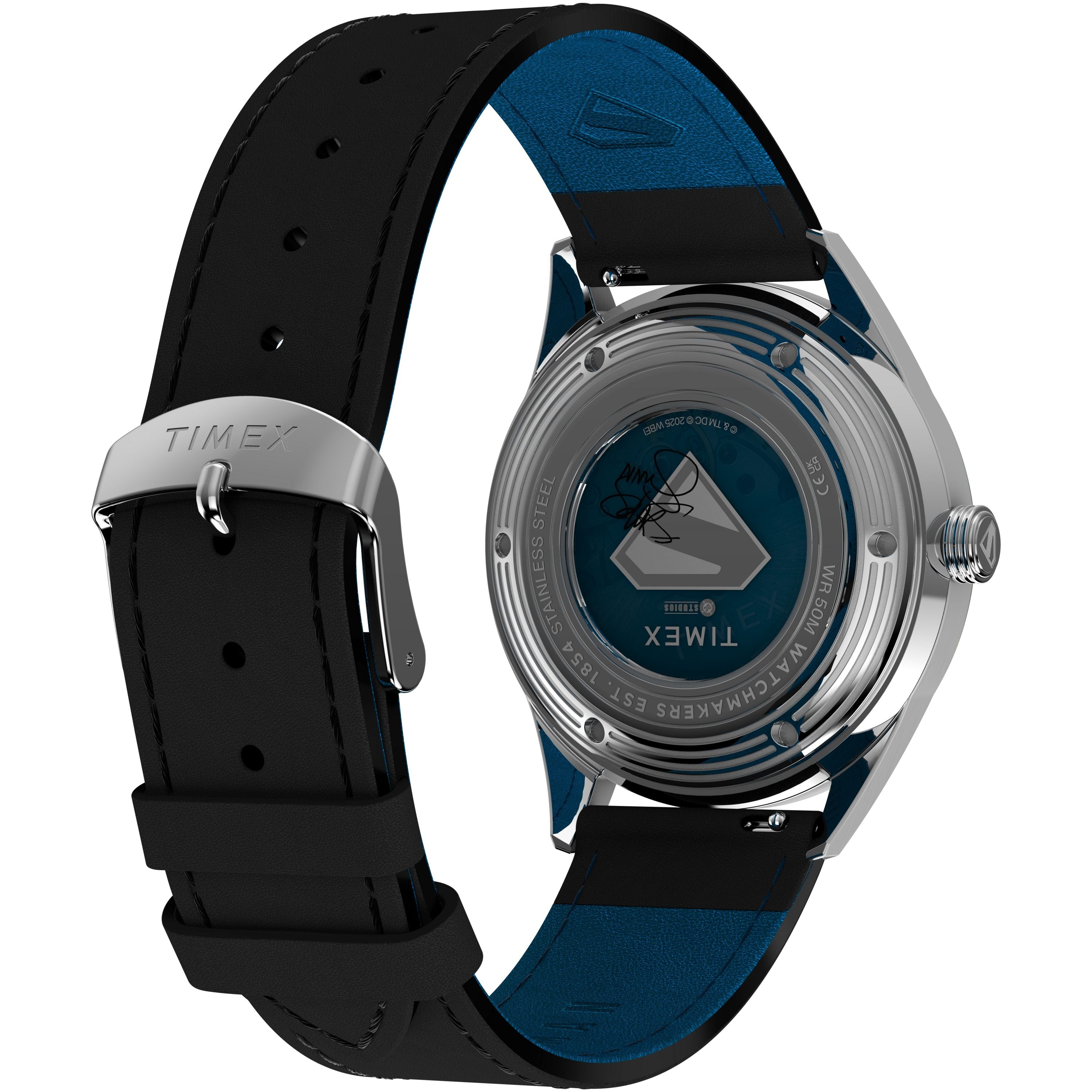 A close-up of the Timex x Superman Marlin® Jet Automatic watch shows its black strap, branded metal buckle, and engraved caseback with blue and silver accents on this limited-edition Timex timepiece.