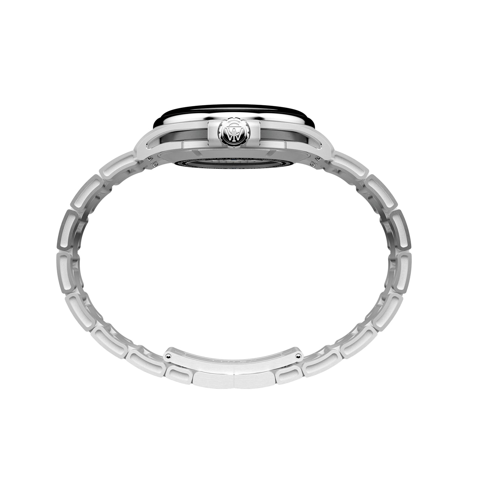 Side view of the Timex Atelier GMT24 M1a, a silver automatic watch with a slim metal link band and engraved round crown—an ideal travel companion.