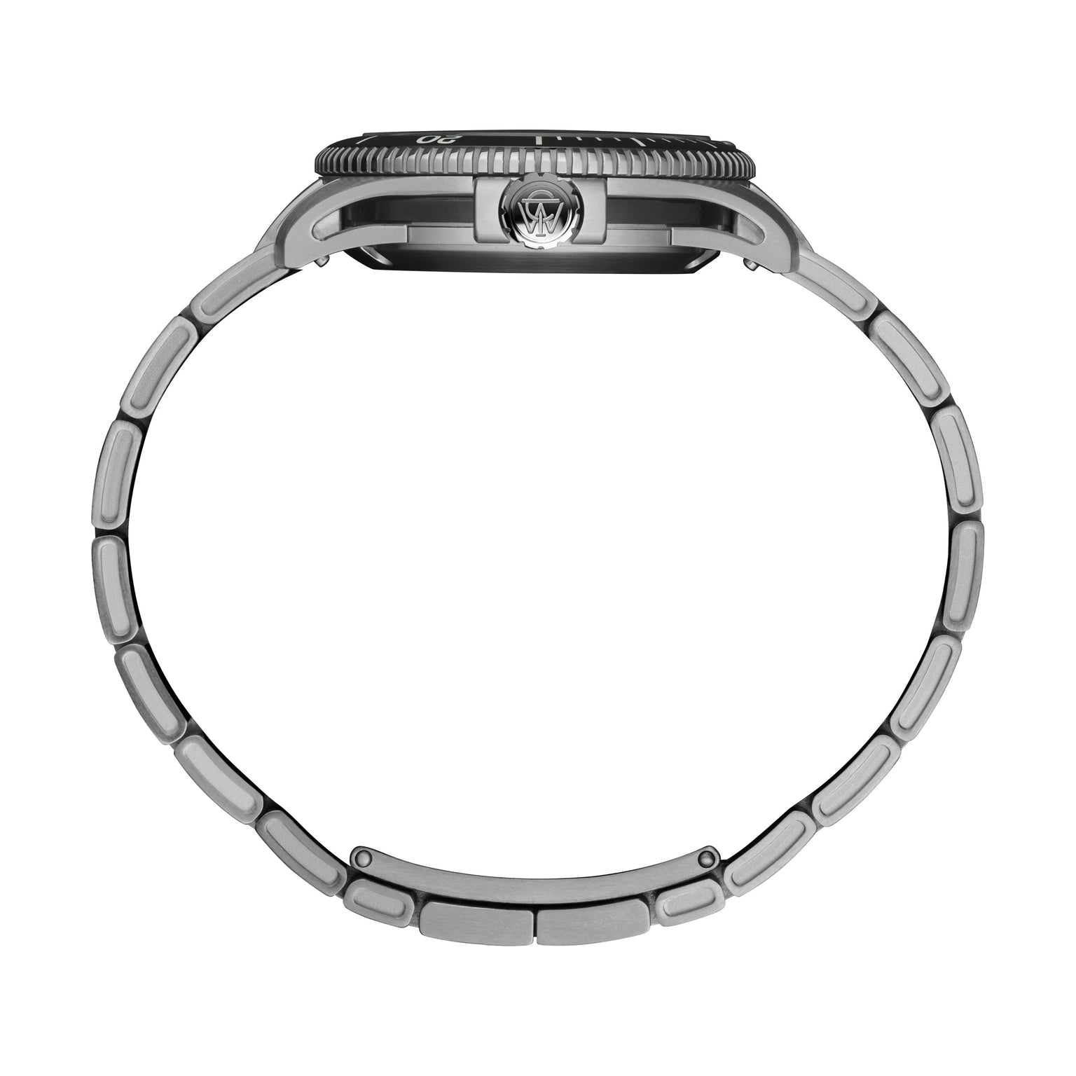 Side view of the Timex Atelier Marine M1a Swiss Made Automatic, featuring a round stainless steel case, subtly branded crown, and segmented metal bracelet arranged in a closed circle with minimalist design.