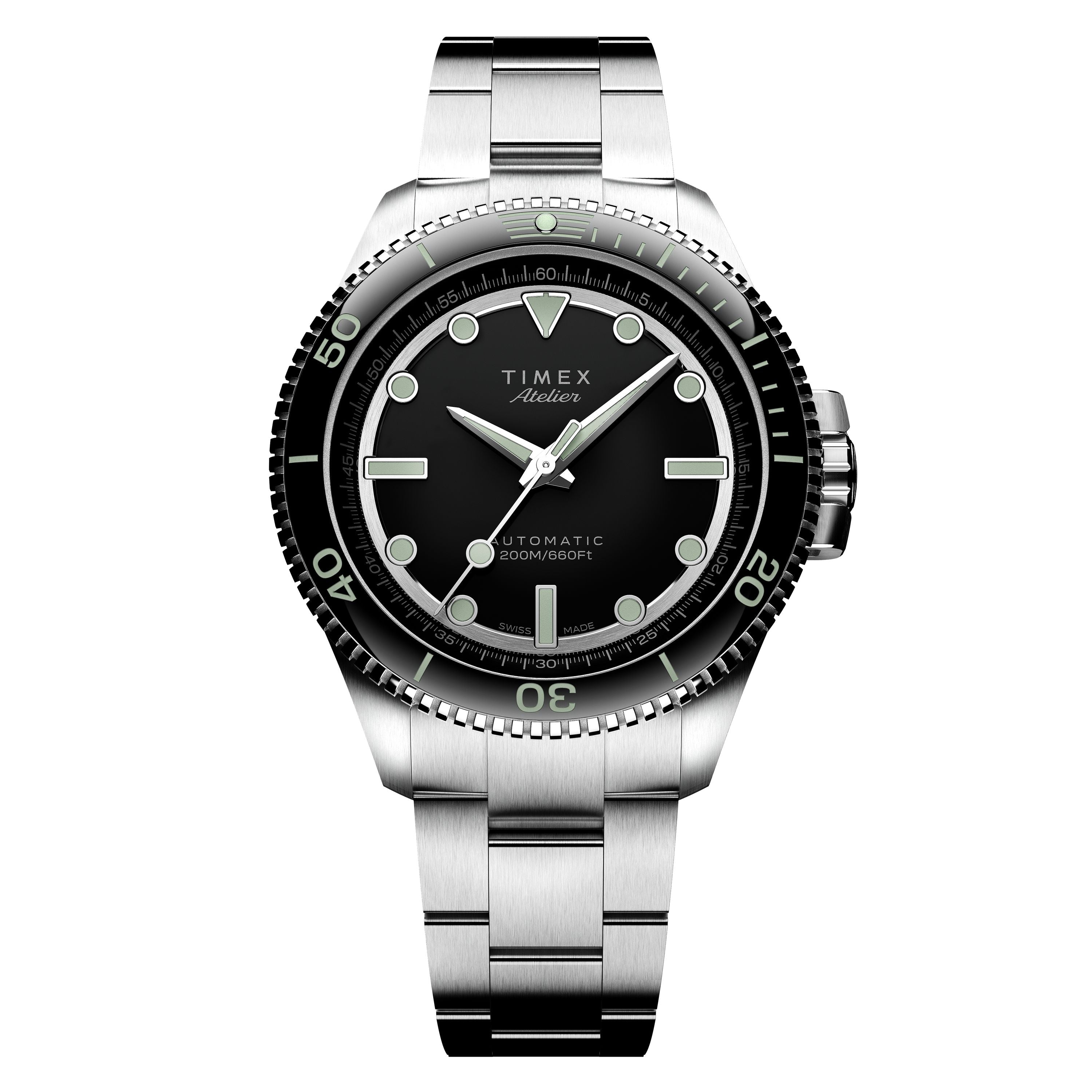 The Timex Atelier Marine M1a Swiss Made Automatic wristwatch features a silver metal link band, black bezel and dial, white hour markers, silver hands, and “Timex Automatic 200M/660FT” on its modern design.