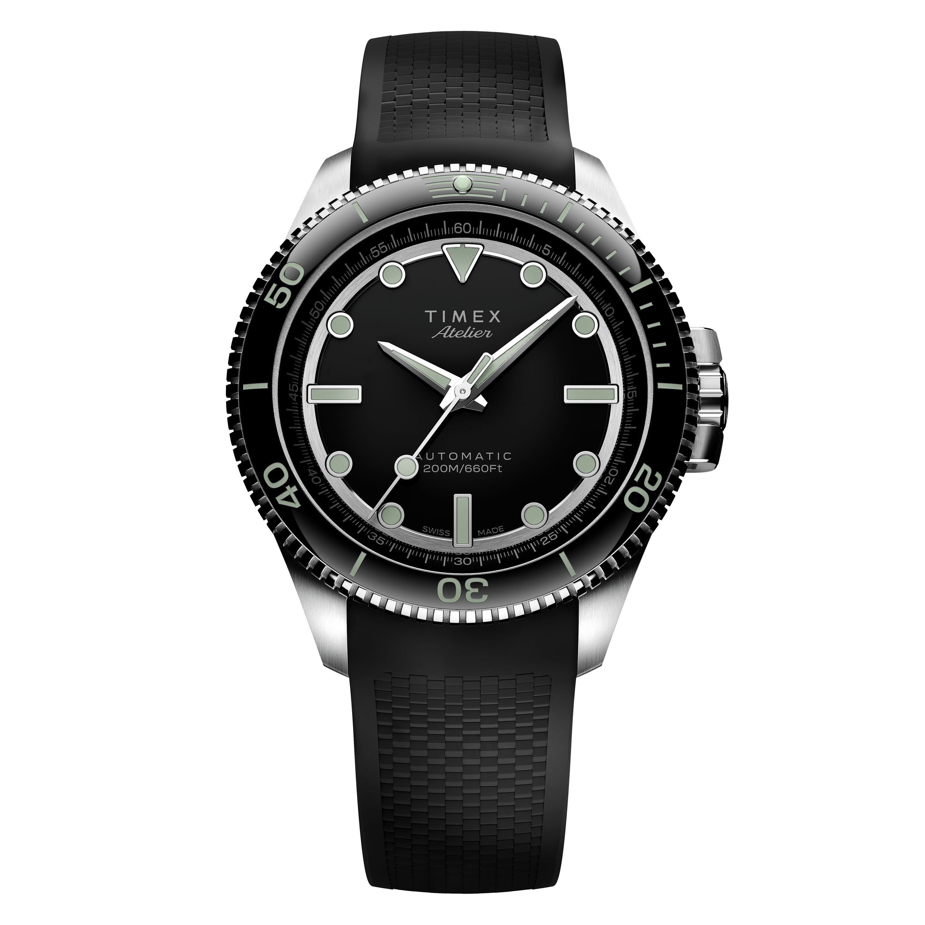 The Timex G SS AU SW ATELIER 41 BLACK DL 25 watch features a minimalist design in black and silver.