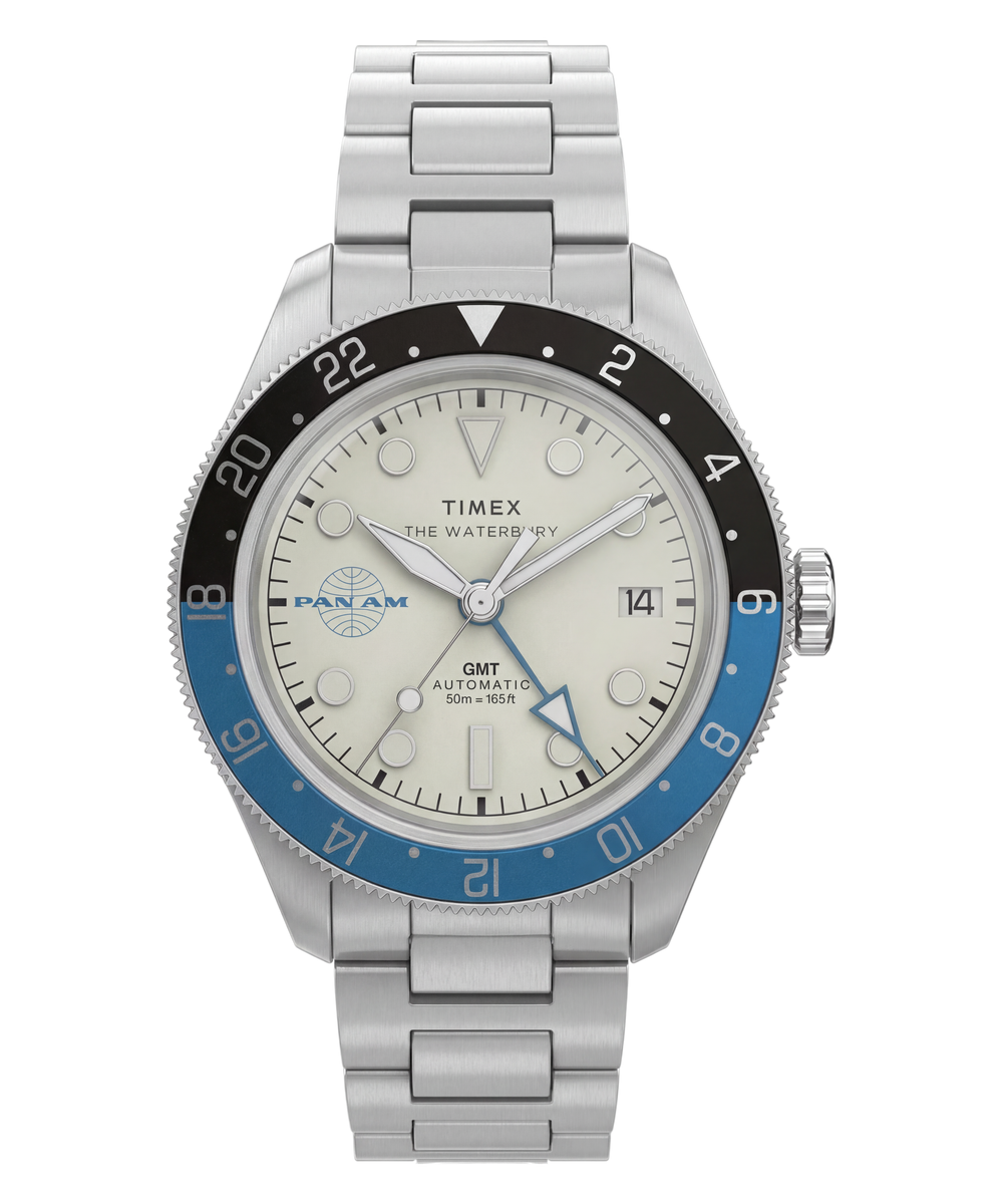 Timex x Pan Am Waterbury Automatic GMT TW2Y94300 with silver-white dial, two-tone black and blue bezel and steel bracelet