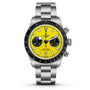 Stainless steel chronograph watch with yellow dial, black bezel, and three subdials.